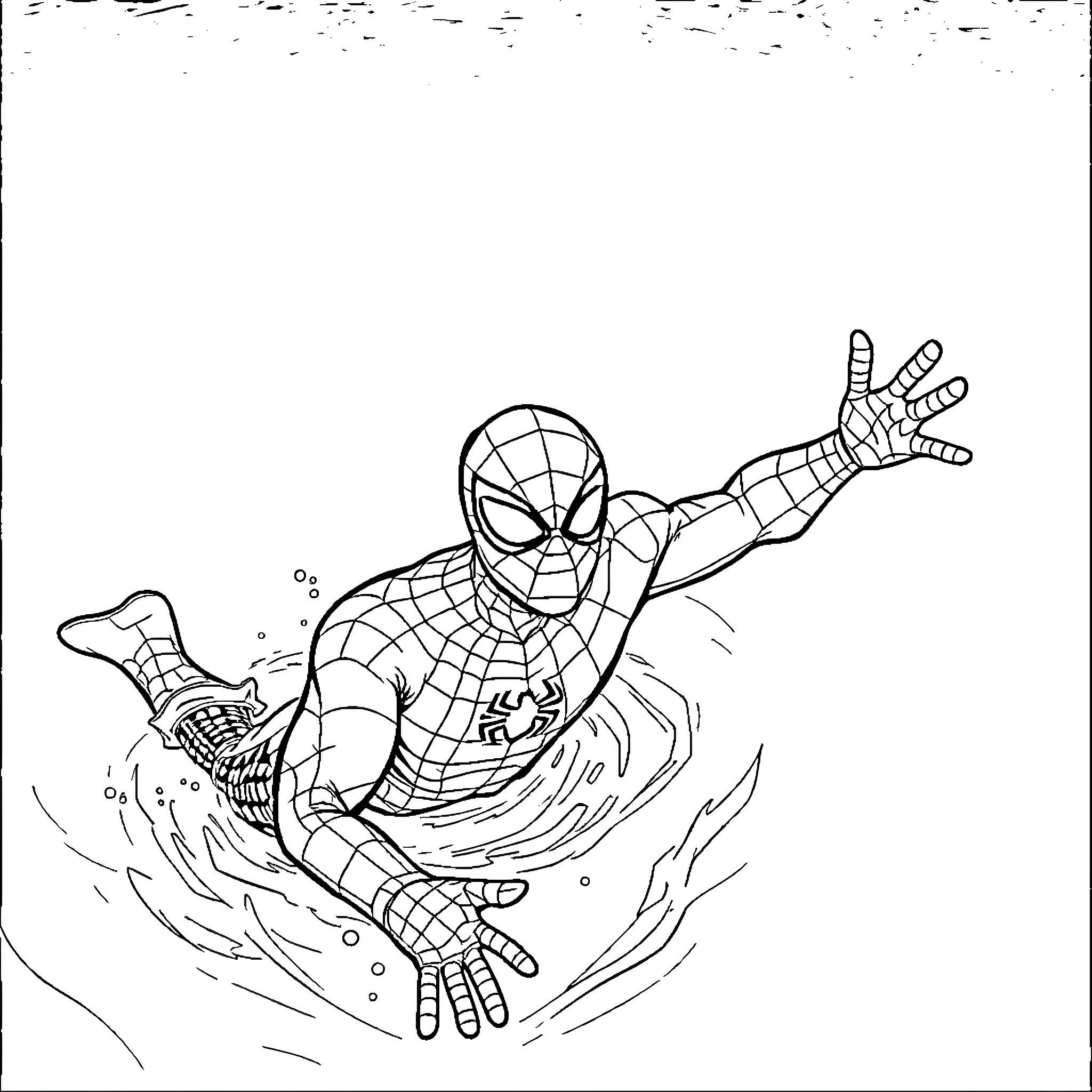 Spiderman swinging through the city in action Coloring Page (free black-and-white line drawing printable PDF for all, from beginners to advanced learners, including children, teens, adults, and seniors)