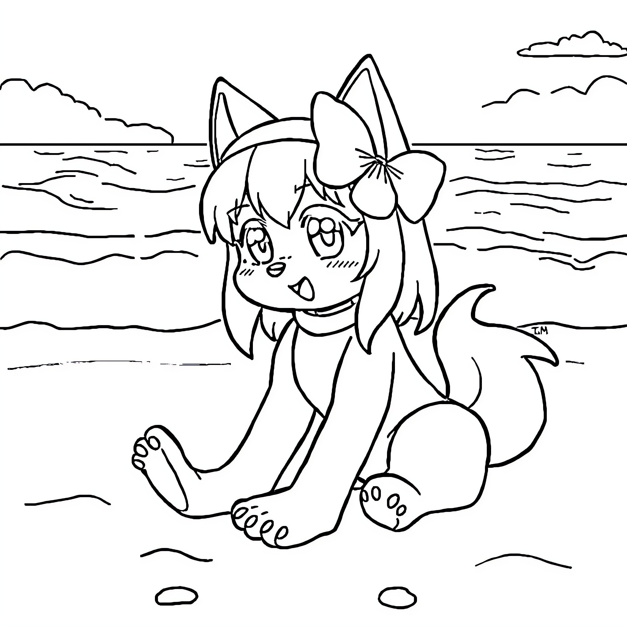 Kuromi relaxing on the beach Coloring Page (free black-and-white line drawing printable PDF for all, from beginners to advanced learners, including children, teens, adults, and seniors)