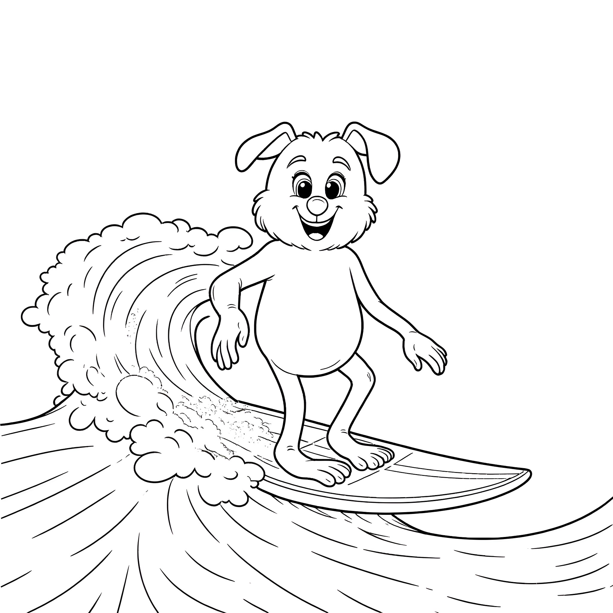 Bluey surfing on a big wave Coloring Page (free black-and-white line drawing printable PDF for all, from beginners to advanced learners, including children, teens, adults, and seniors)