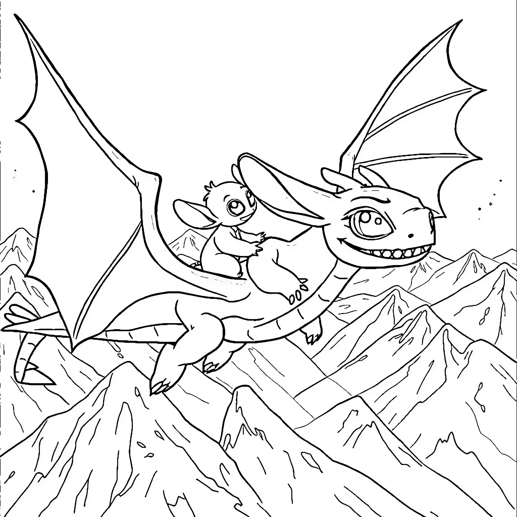 Stitch soaring over mountain peaks Coloring Page (free black-and-white line drawing printable PDF for all, from beginners to advanced learners, including children, teens, adults, and seniors)
