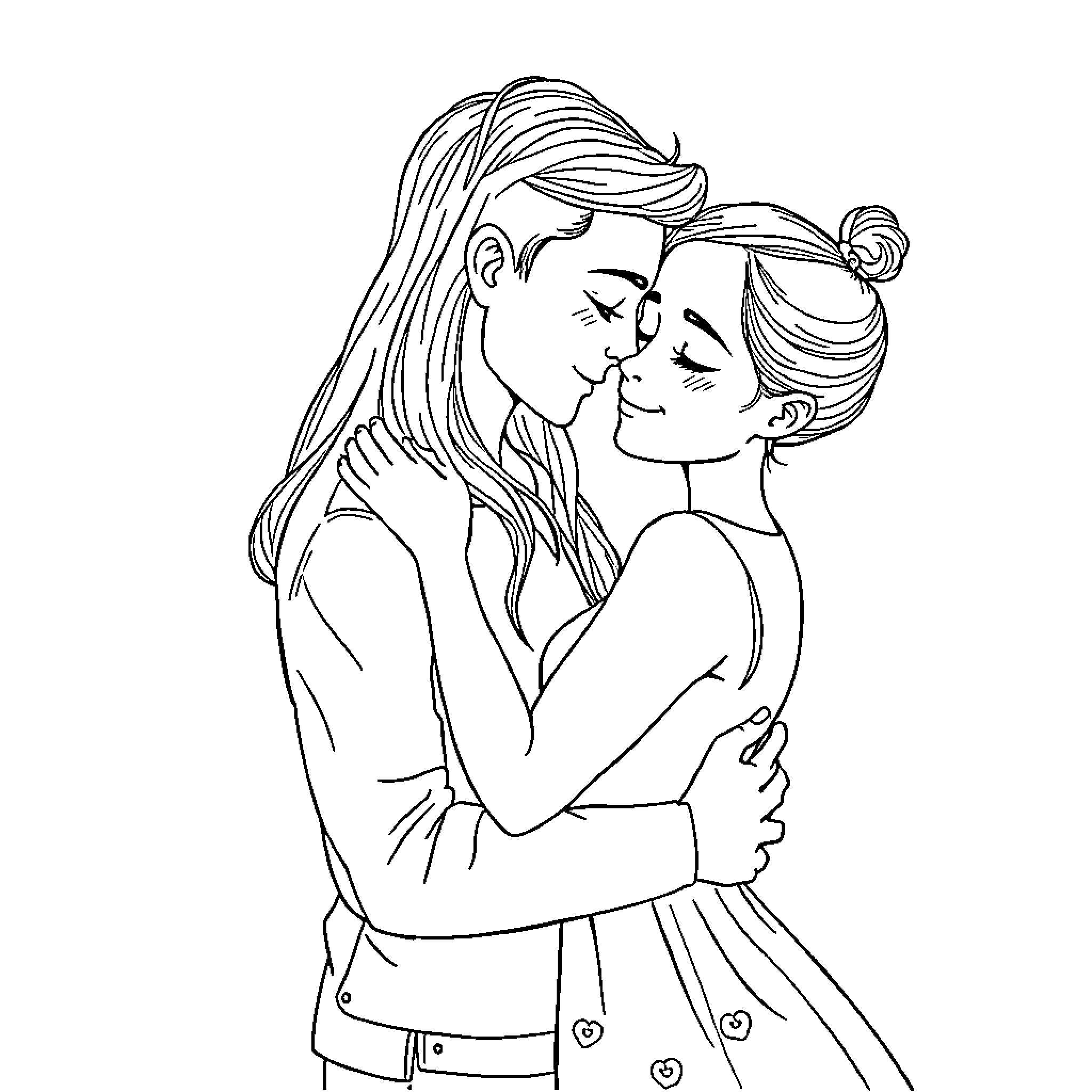 Love's Embrace: A Tender Moment Between Two Coloring Page (free black-and-white line drawing printable PDF for all, from beginners to advanced learners, including children, teens, adults, and seniors)