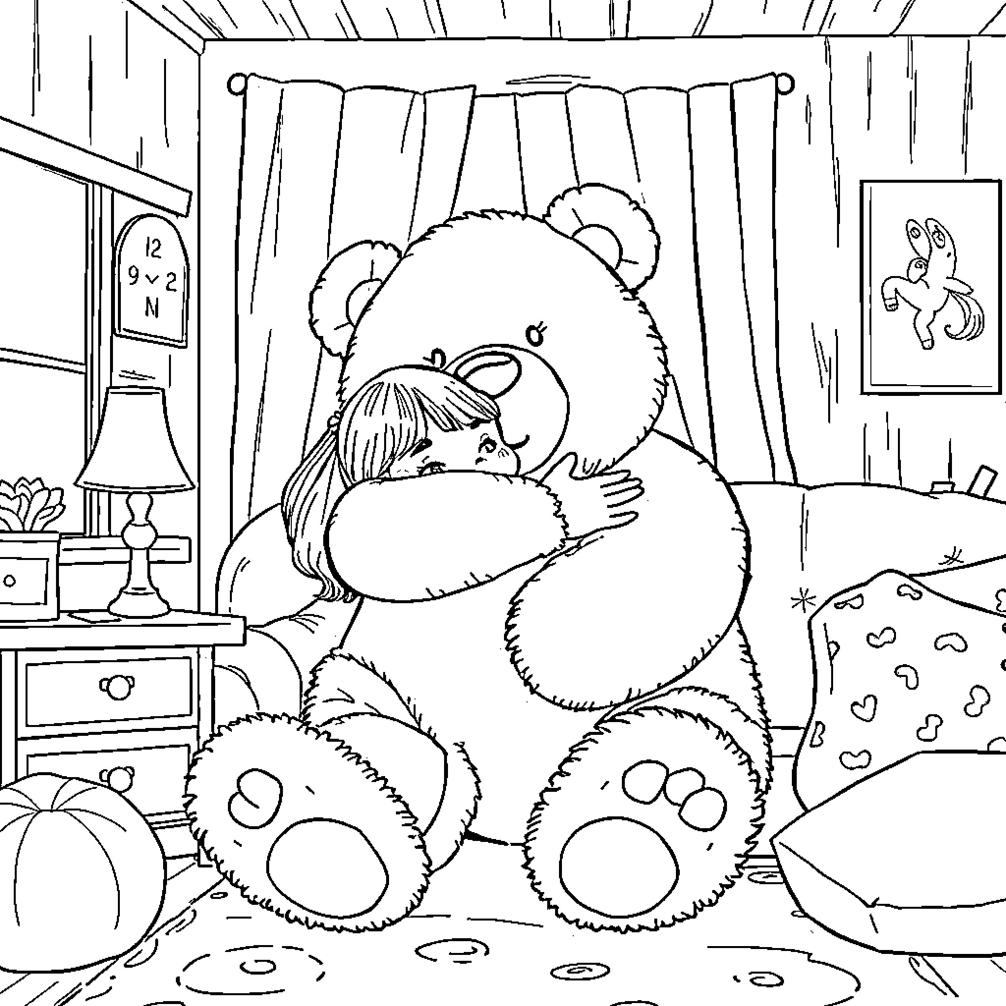 Anya snuggling with her giant teddy bear in her cozy room Coloring Page (free black-and-white line drawing printable PDF for all, from beginners to advanced learners, including children, teens, adults, and seniors)