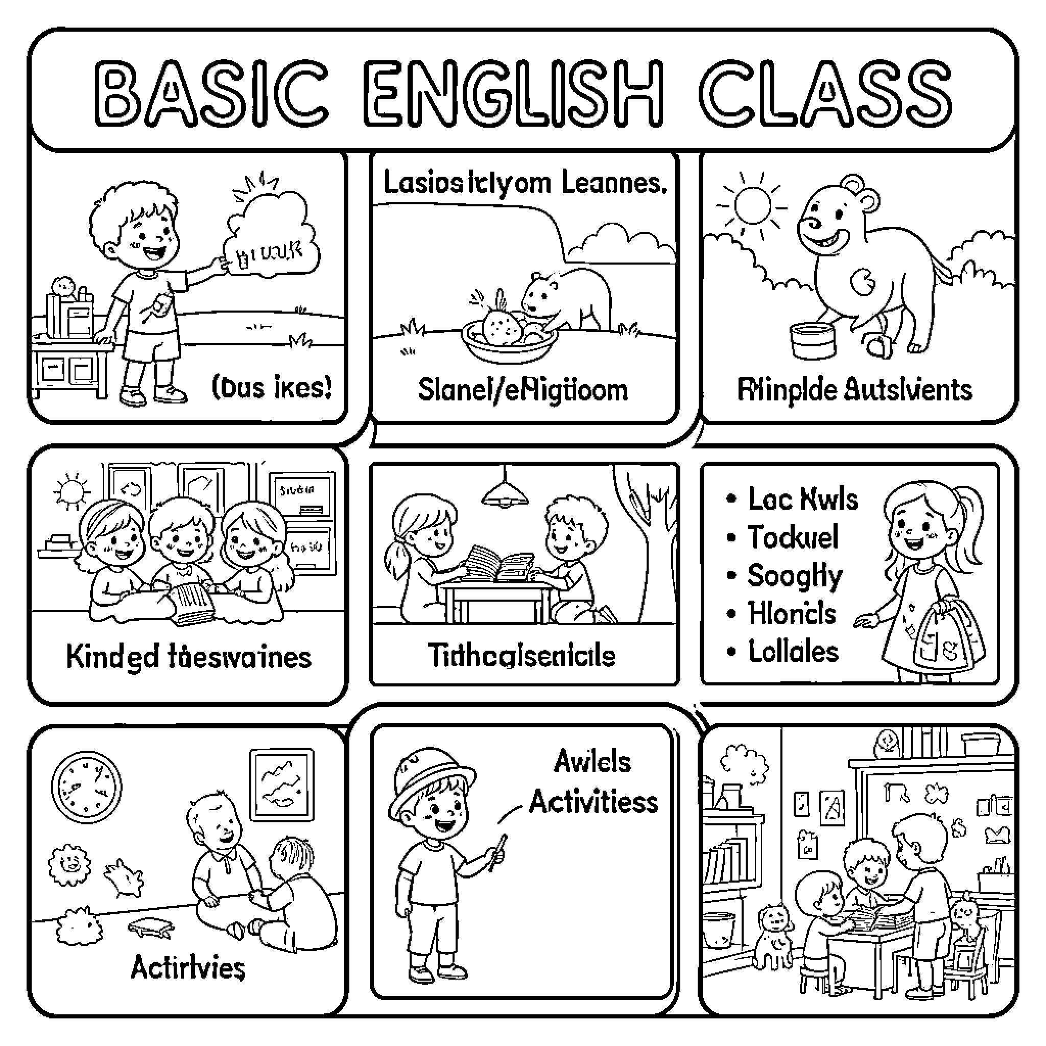 English learning activities with various classroom scenes Coloring Page (free black-and-white line drawing printable PDF for all, from beginners to advanced learners, including children, teens, adults, and seniors)