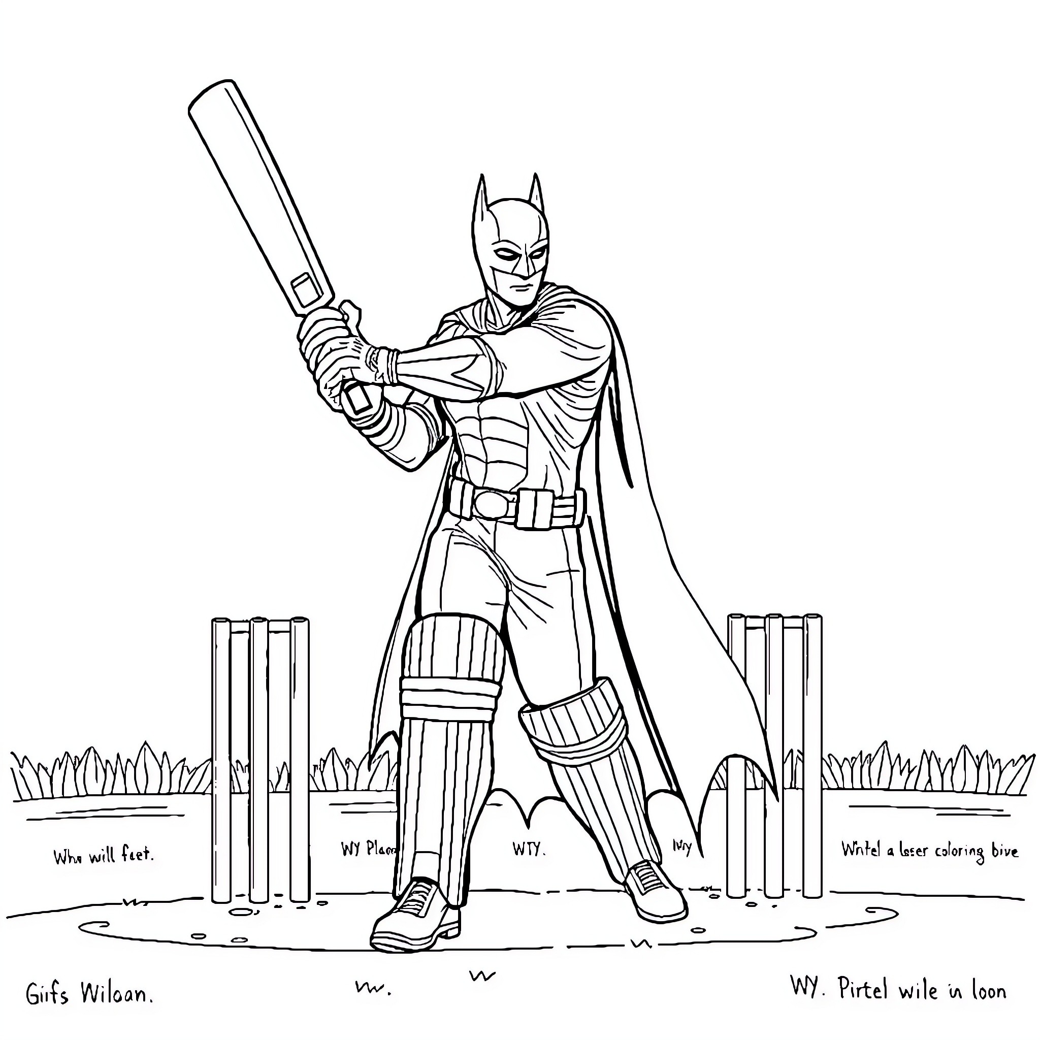 Batman plays cricket with bats and balls Coloring Page (free black-and-white line drawing printable PDF for all, from beginners to advanced learners, including children, teens, adults, and seniors)
