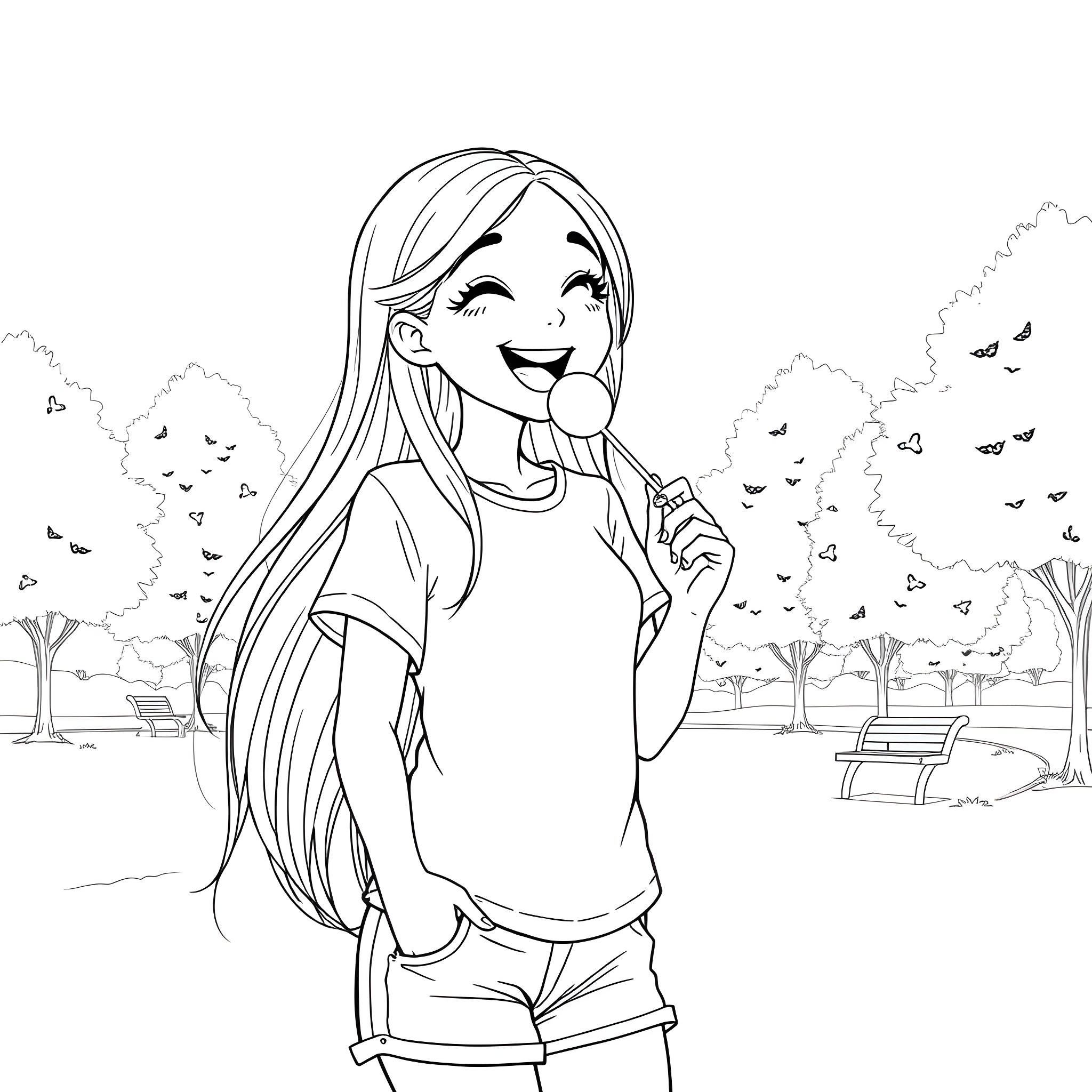 Girl smiling joyfully in park Coloring Page (free black-and-white line drawing printable PDF for all, from beginners to advanced learners, including children, teens, adults, and seniors)