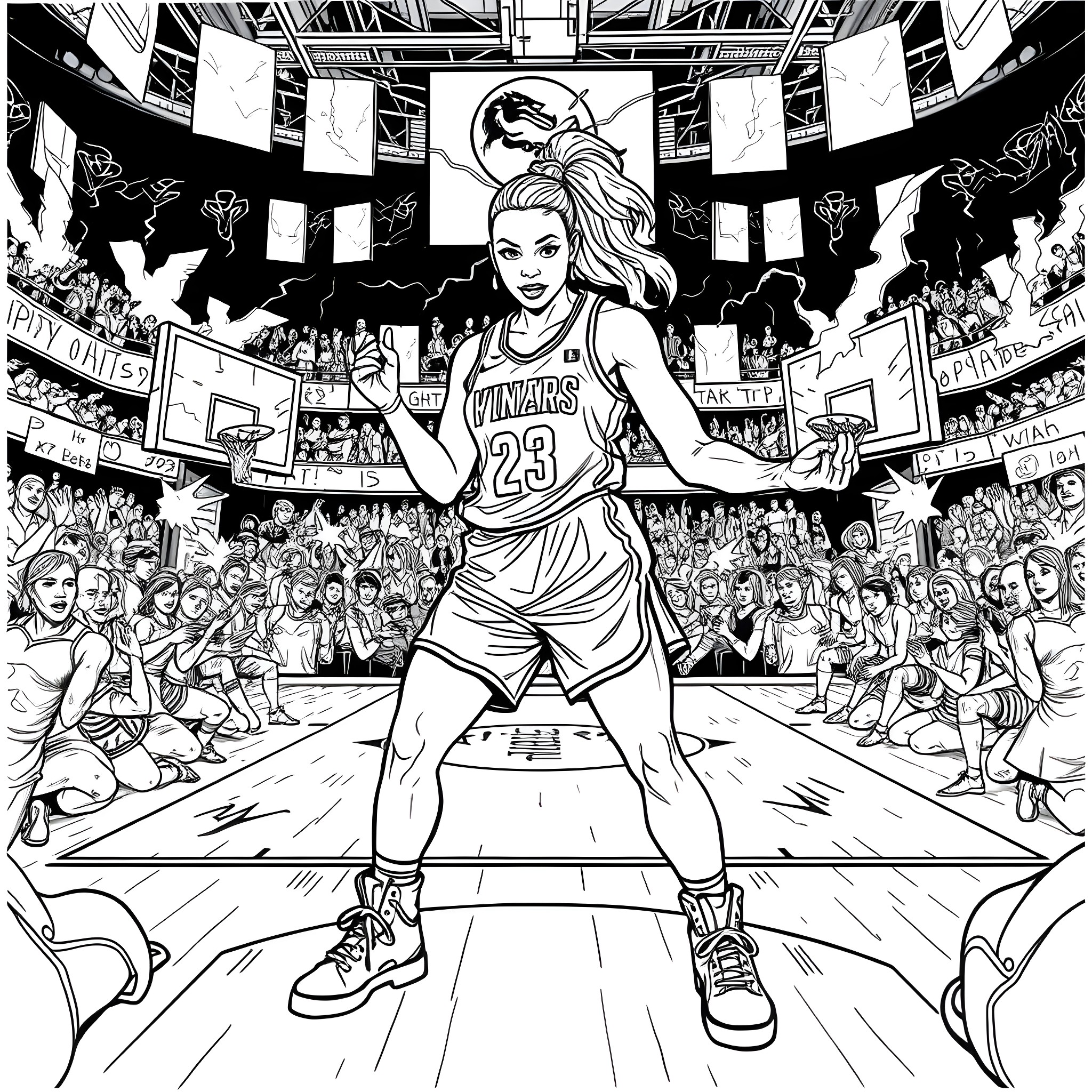 Angel Reese Dominates the Basketball Court Coloring Page (free black-and-white line drawing printable PDF for all, from beginners to advanced learners, including children, teens, adults, and seniors)