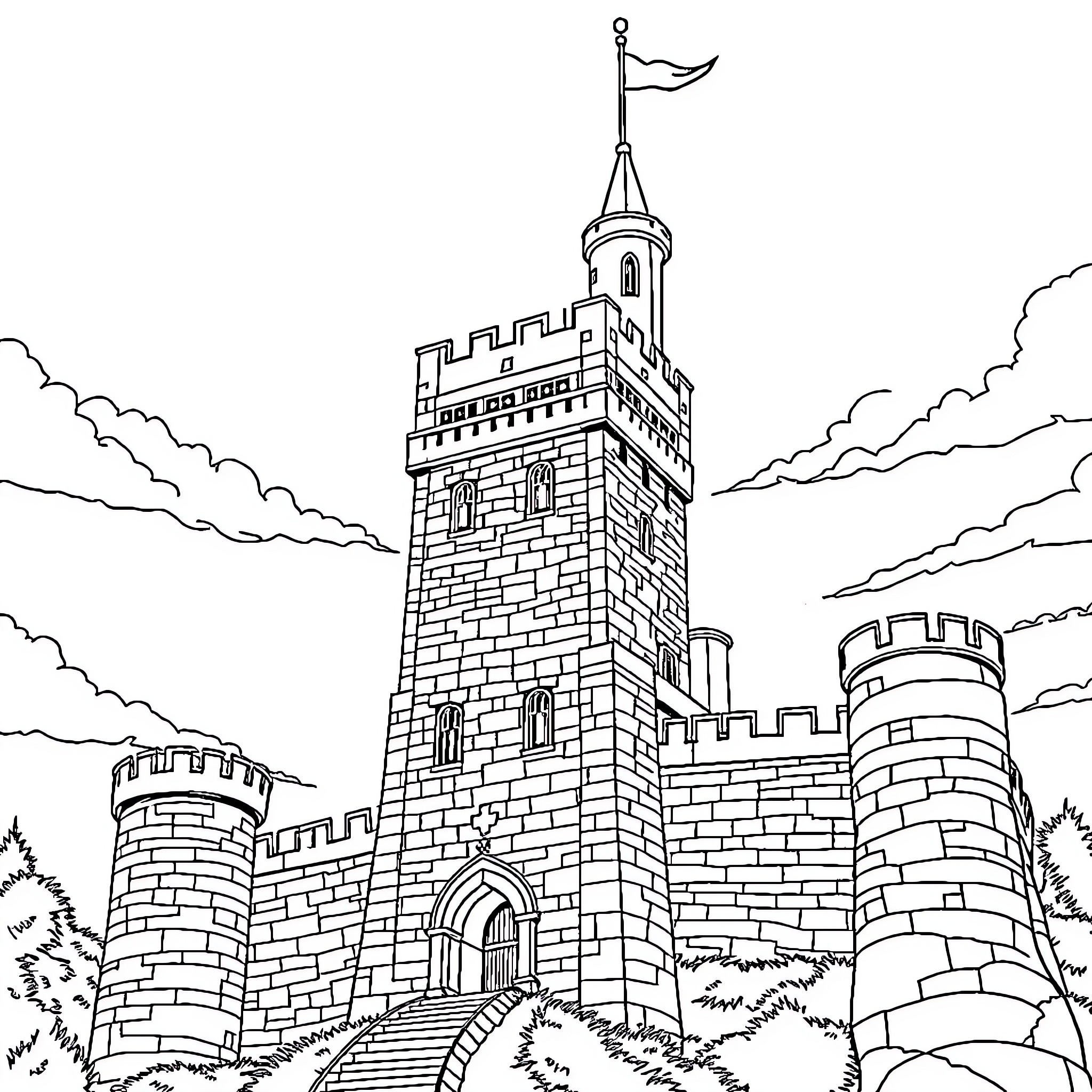 Castle with Majestic Tower and Fortified Walls Coloring Page (free black-and-white line drawing printable PDF for all, from beginners to advanced learners, including children, teens, adults, and seniors)