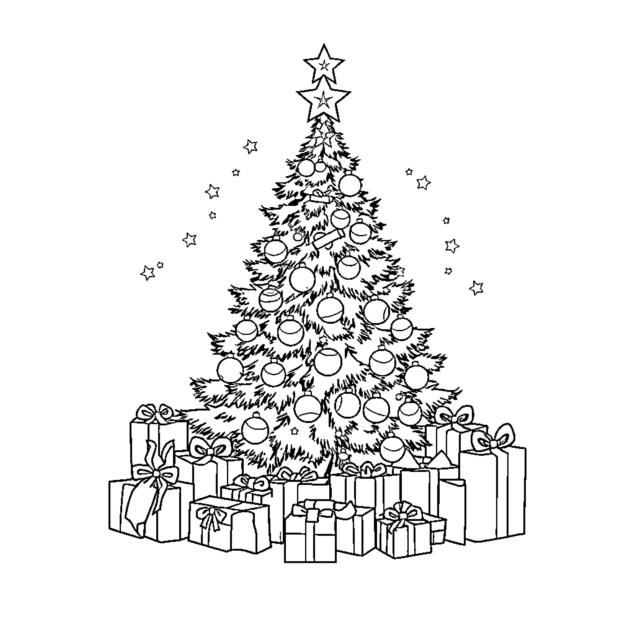 Navidad: Festive Christmas Tree with Presents Coloring Page (free black-and-white line drawing printable PDF for all, from beginners to advanced learners, including children, teens, adults, and seniors)