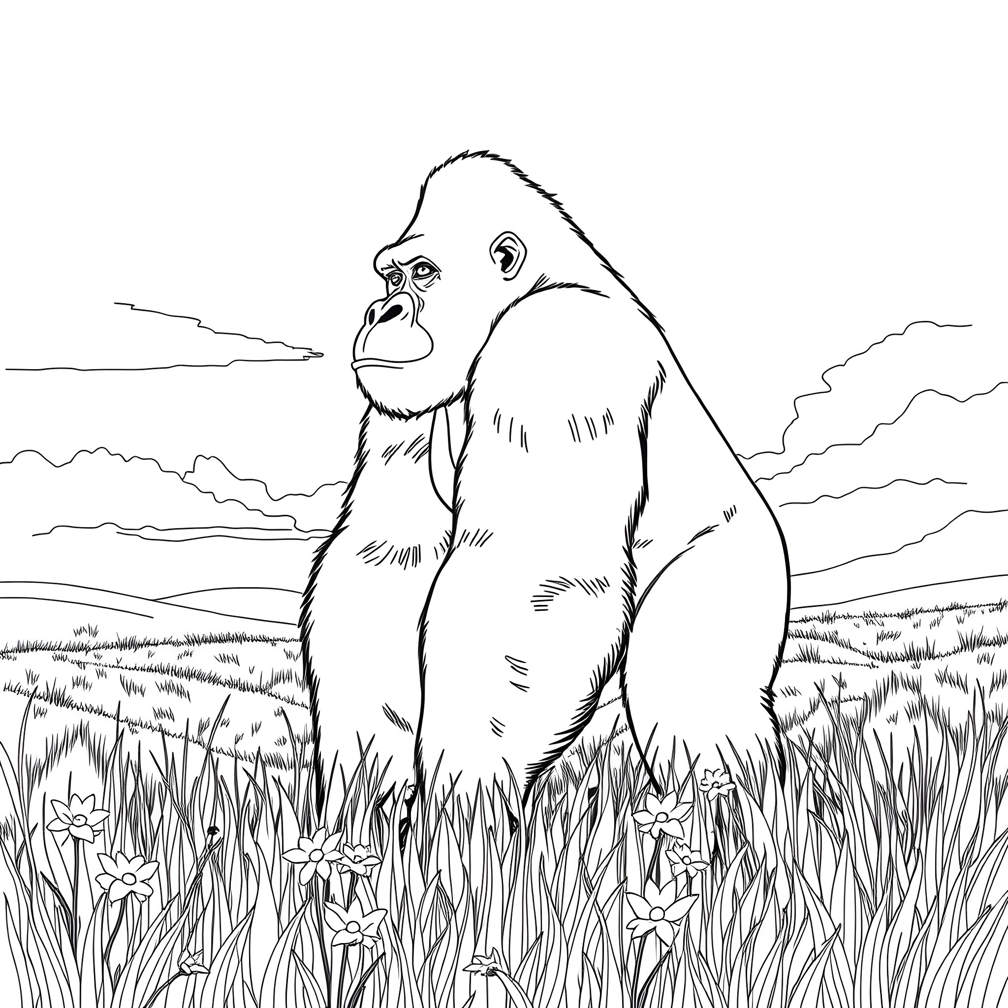Gorilla standing majestically in the grassland Coloring Page (free black-and-white line drawing printable PDF for all, from beginners to advanced learners, including children, teens, adults, and seniors)