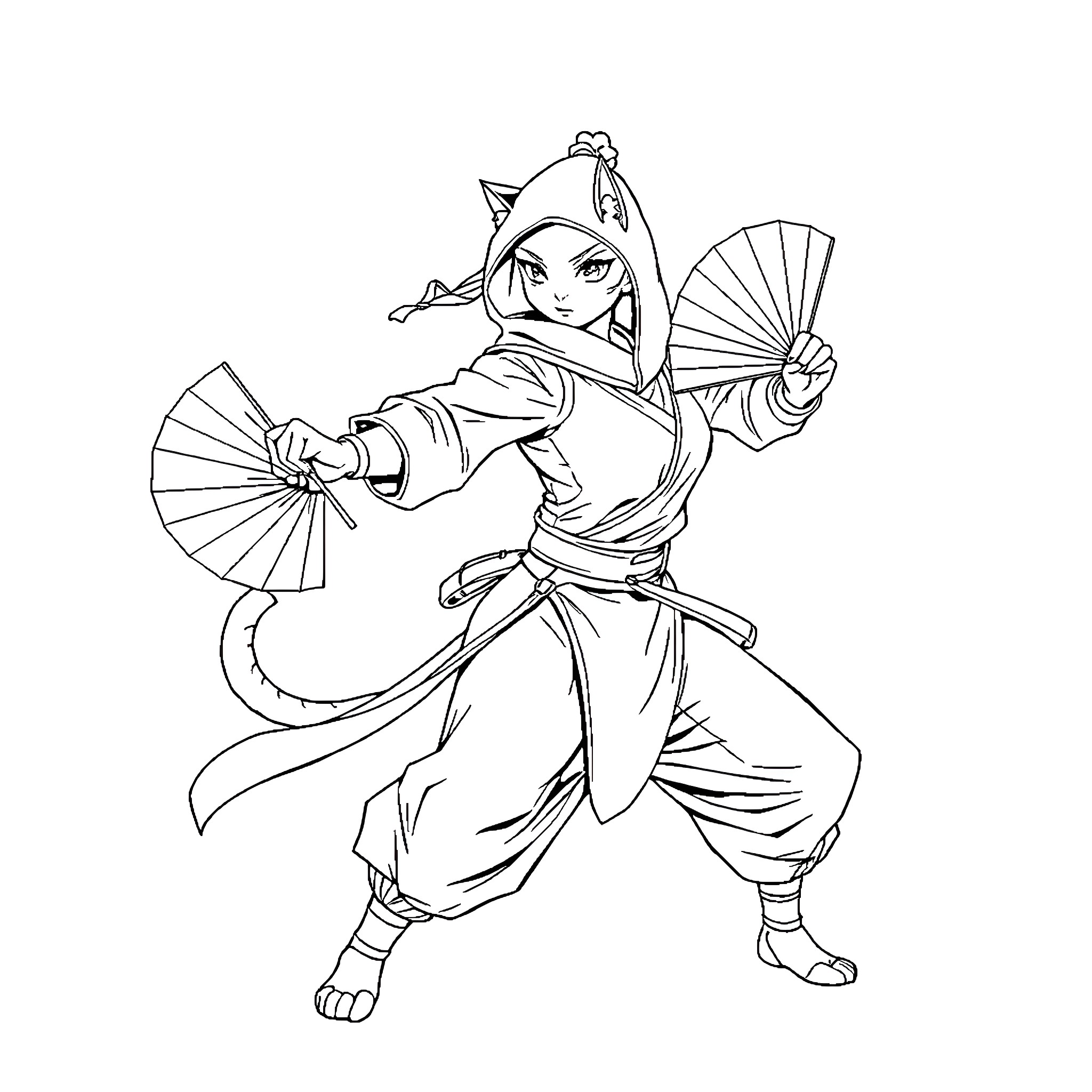 Ninja Cat in Action with Fans Coloring Page (free black-and-white line drawing printable PDF for all, from beginners to advanced learners, including children, teens, adults, and seniors)