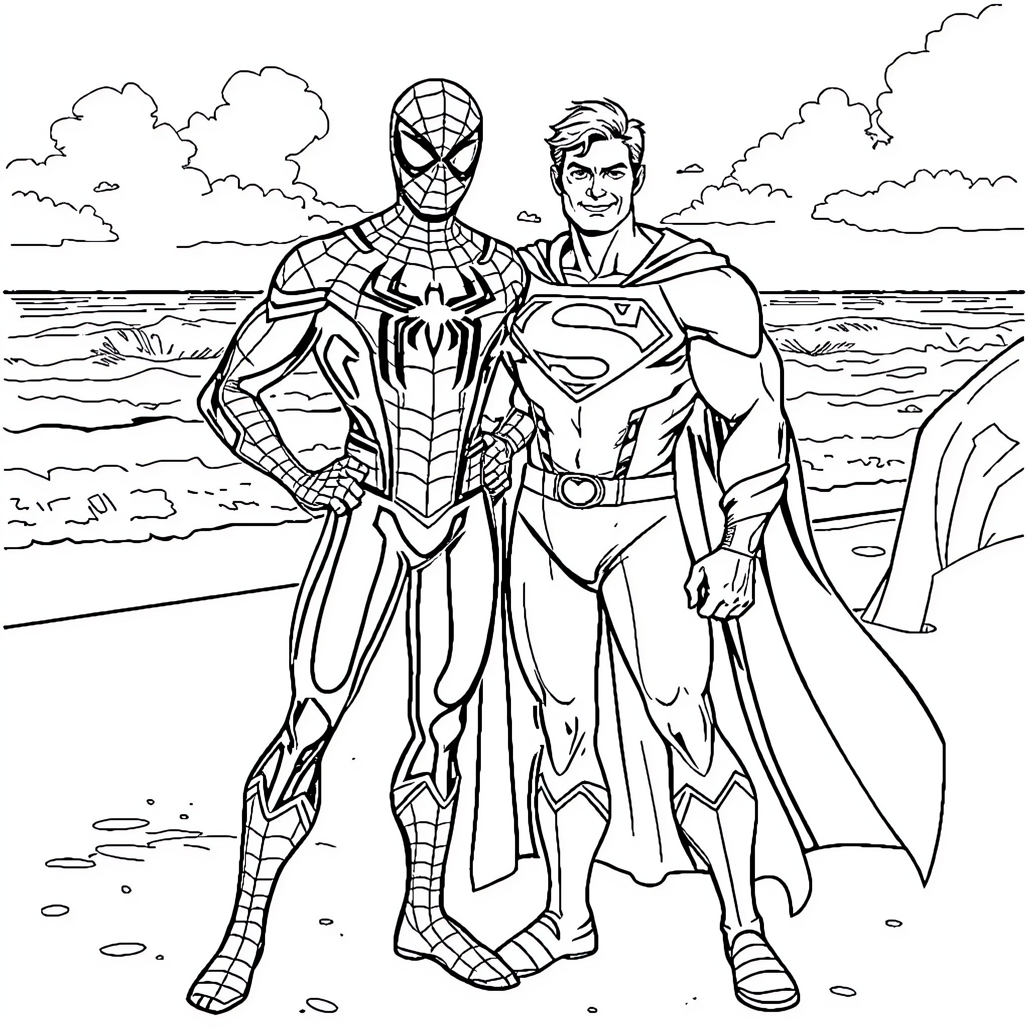 Spiderman and Superman in heroic poses on the beach Coloring Page (free black-and-white line drawing printable PDF for all, from beginners to advanced learners, including children, teens, adults, and seniors)