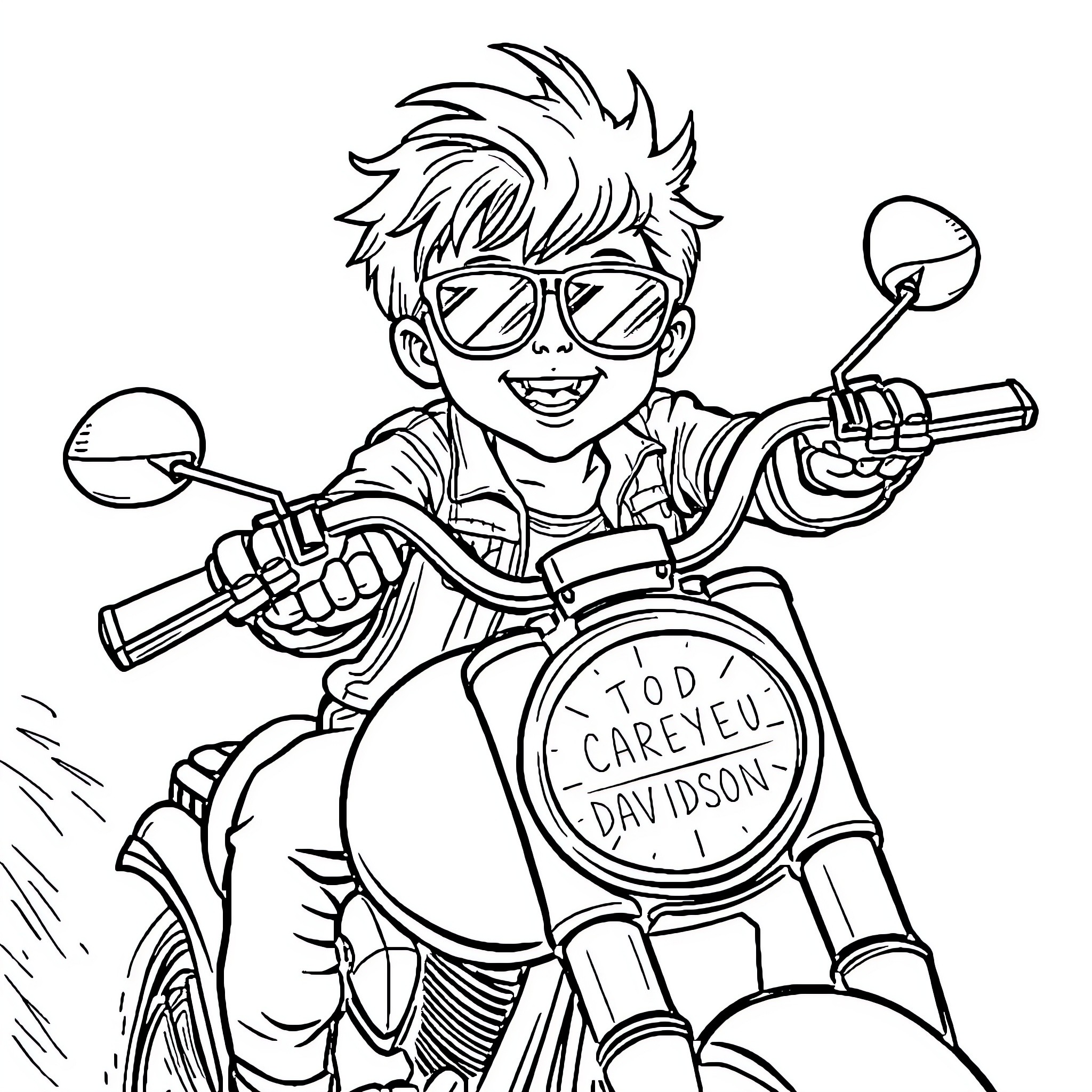 Boy riding motorcycle with a cheerful expression Coloring Page (free black-and-white line drawing printable PDF for all, from beginners to advanced learners, including children, teens, adults, and seniors)