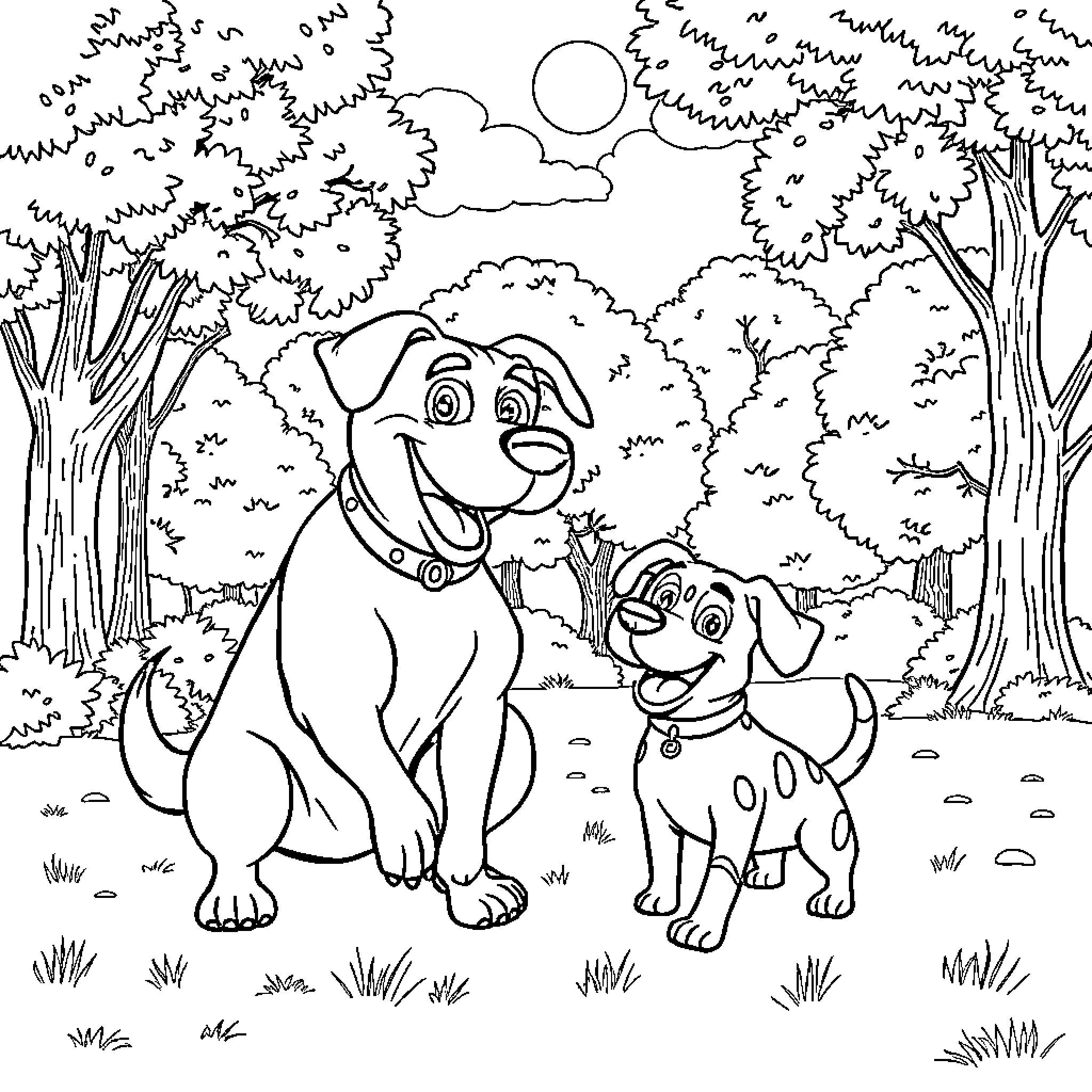 Dog Man and Puppy Explore the Enchanting Forest Coloring Page (free black-and-white line drawing printable PDF for all, from beginners to advanced learners, including children, teens, adults, and seniors)
