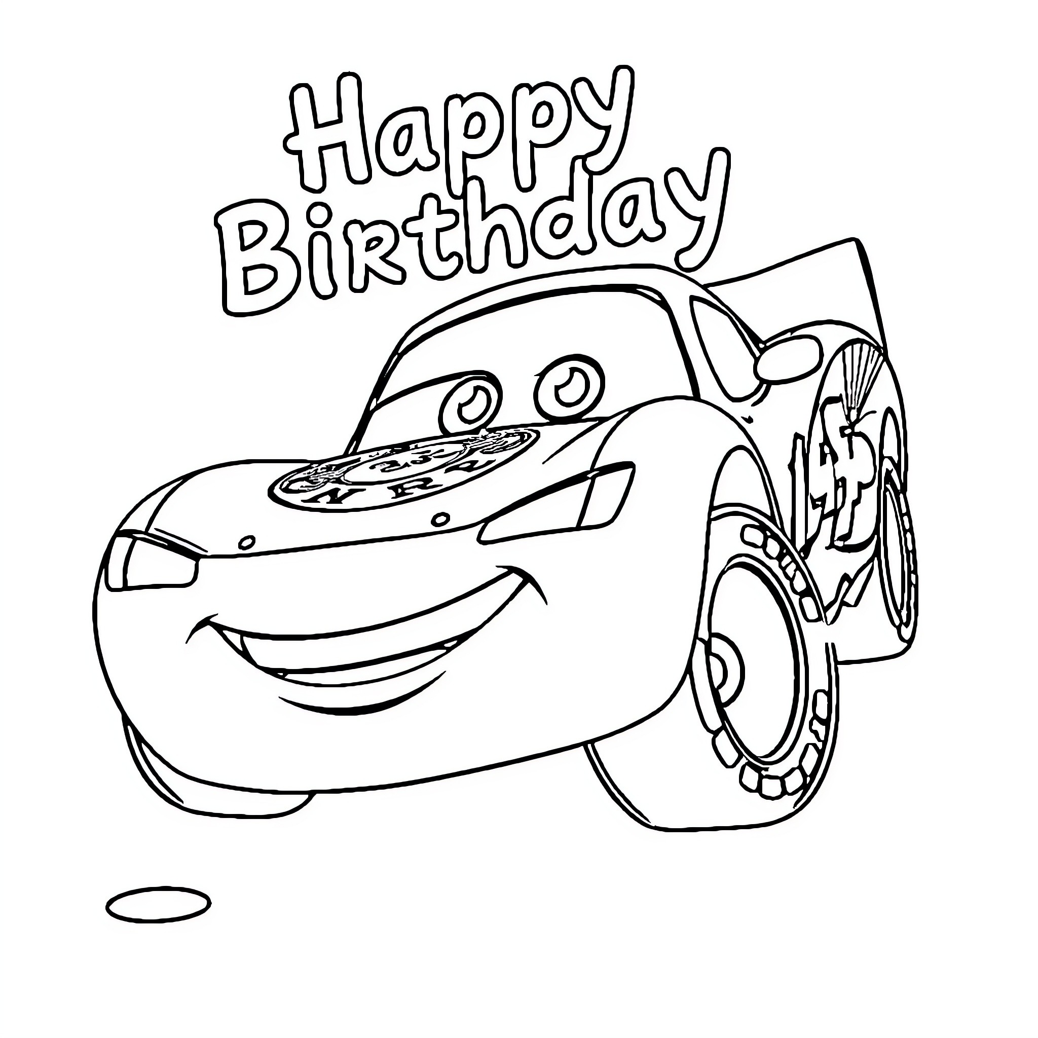 Lightning McQueen wishes a happy birthday Coloring Page (free black-and-white line drawing printable PDF for all, from beginners to advanced learners, including children, teens, adults, and seniors)