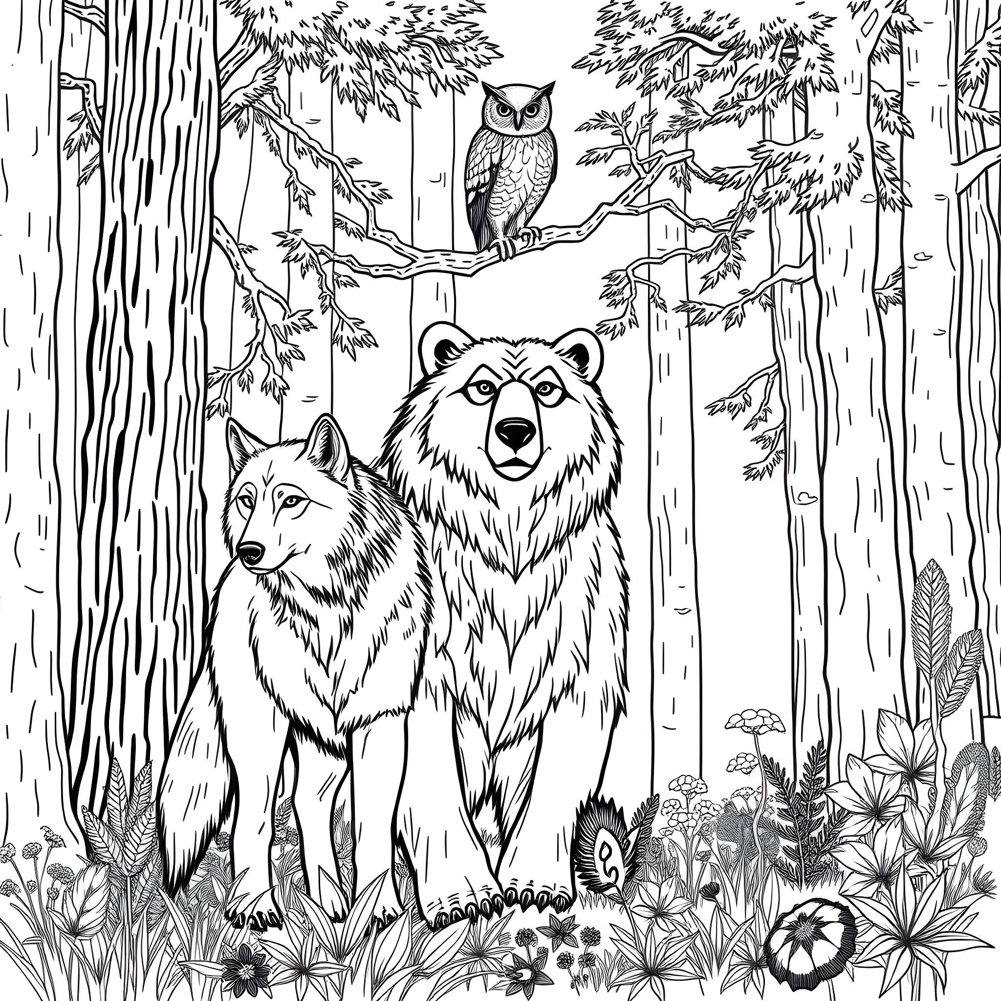 Wolf Pack Exploring the Lush Forest Coloring Page (free black-and-white line drawing printable PDF for all, from beginners to advanced learners, including children, teens, adults, and seniors)