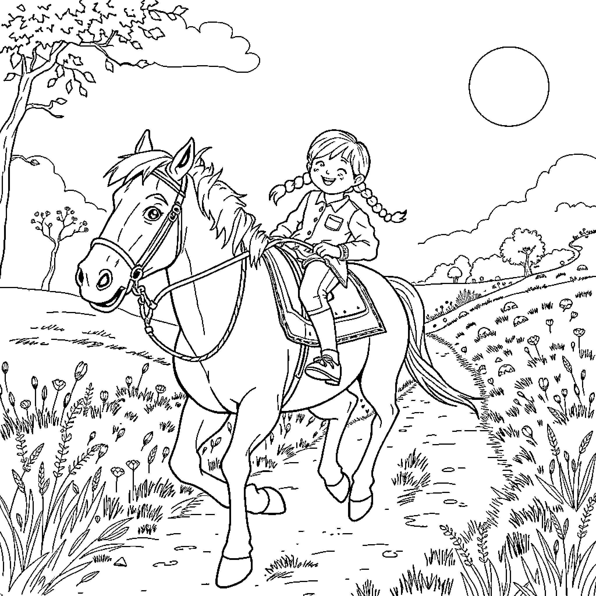 Pippi Longstocking rides her horse through the countryside Coloring Page (free black-and-white line drawing printable PDF for all, from beginners to advanced learners, including children, teens, adults, and seniors)