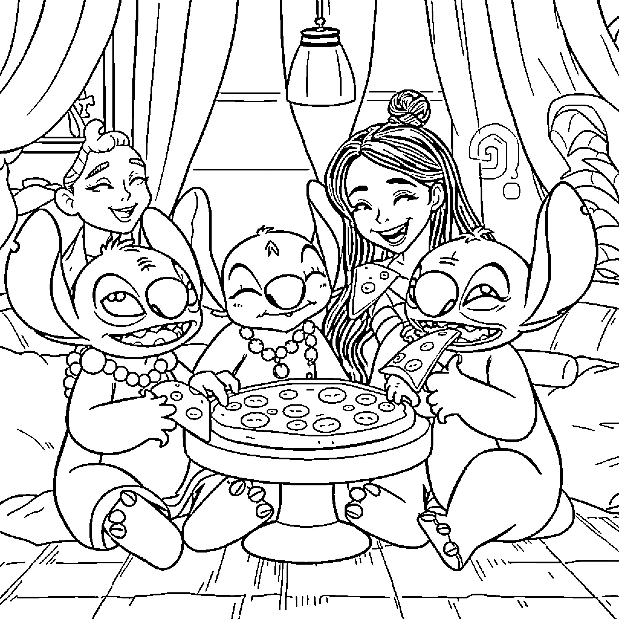 Lilo and her friends enjoying a cozy gathering Coloring Page (free black-and-white line drawing printable PDF for all, from beginners to advanced learners, including children, teens, adults, and seniors)