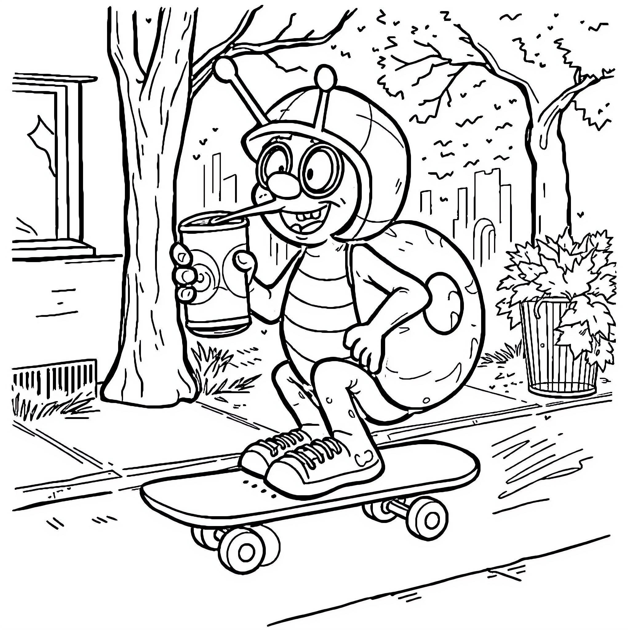 Gary rides his skateboard through the city park Coloring Page (free black-and-white line drawing printable PDF for all, from beginners to advanced learners, including children, teens, adults, and seniors)