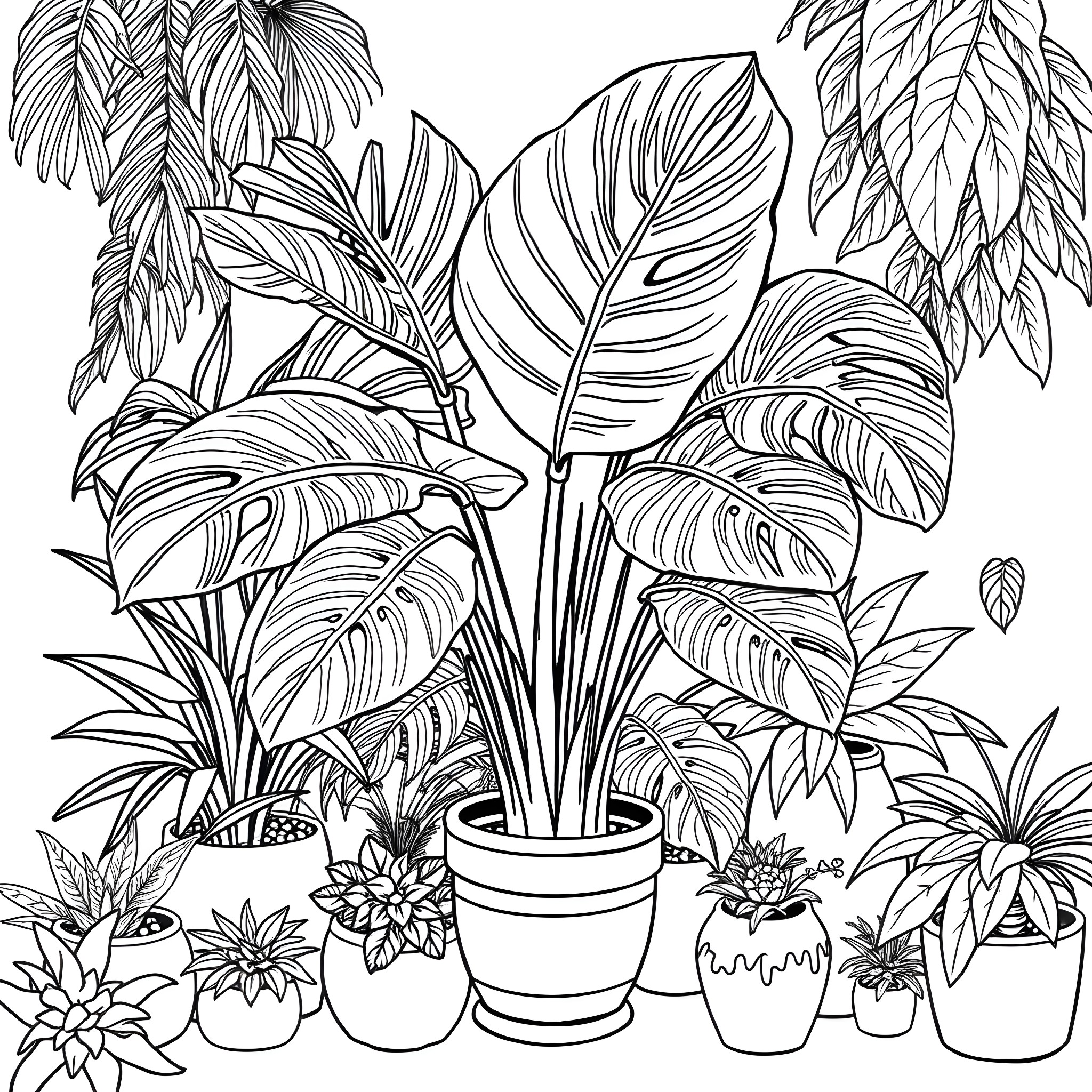 Monstera plants in various pots Coloring Page (free black-and-white line drawing printable PDF for all, from beginners to advanced learners, including children, teens, adults, and seniors)