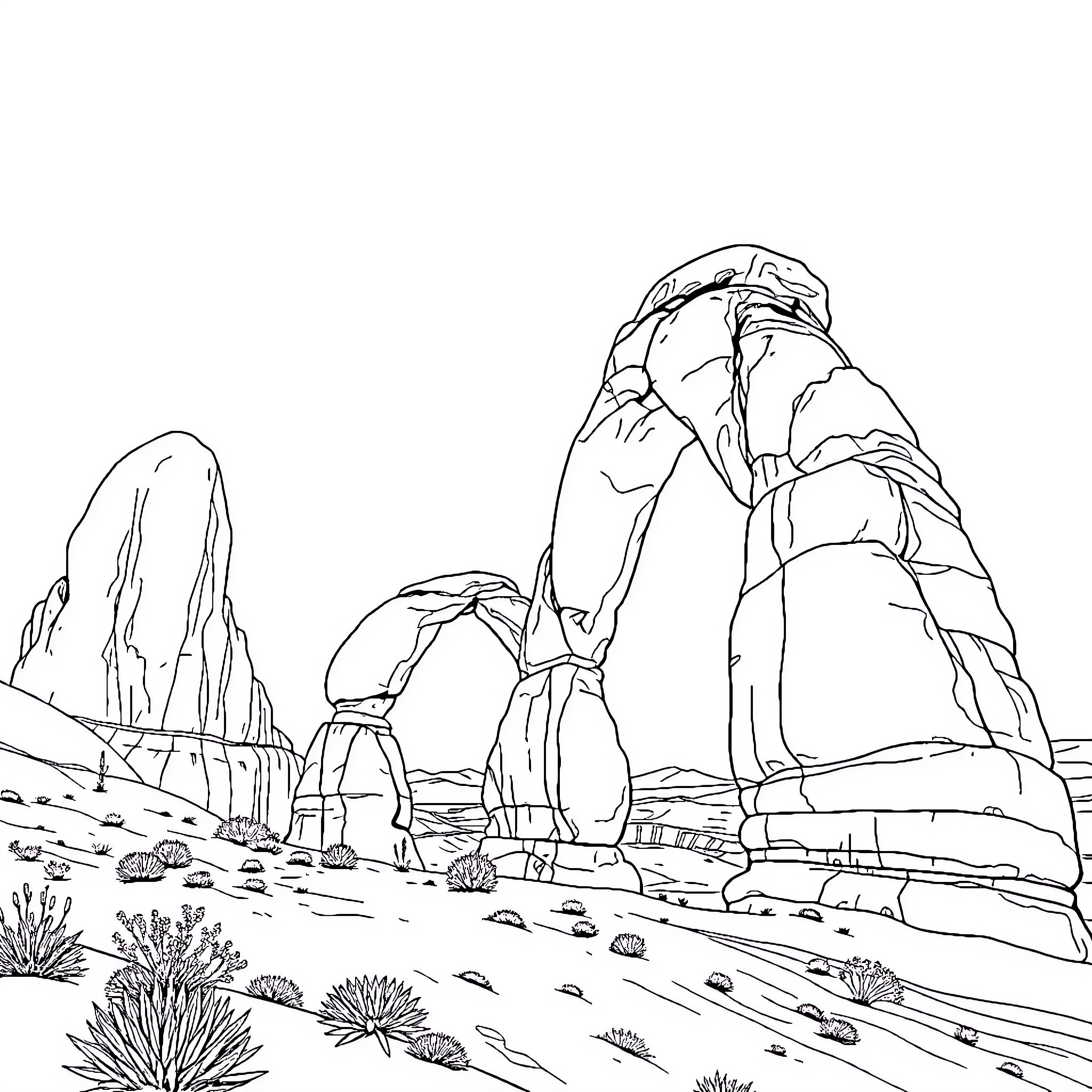 Arch rock formations in desert landscape Coloring Page (free black-and-white line drawing printable PDF for all, from beginners to advanced learners, including children, teens, adults, and seniors)