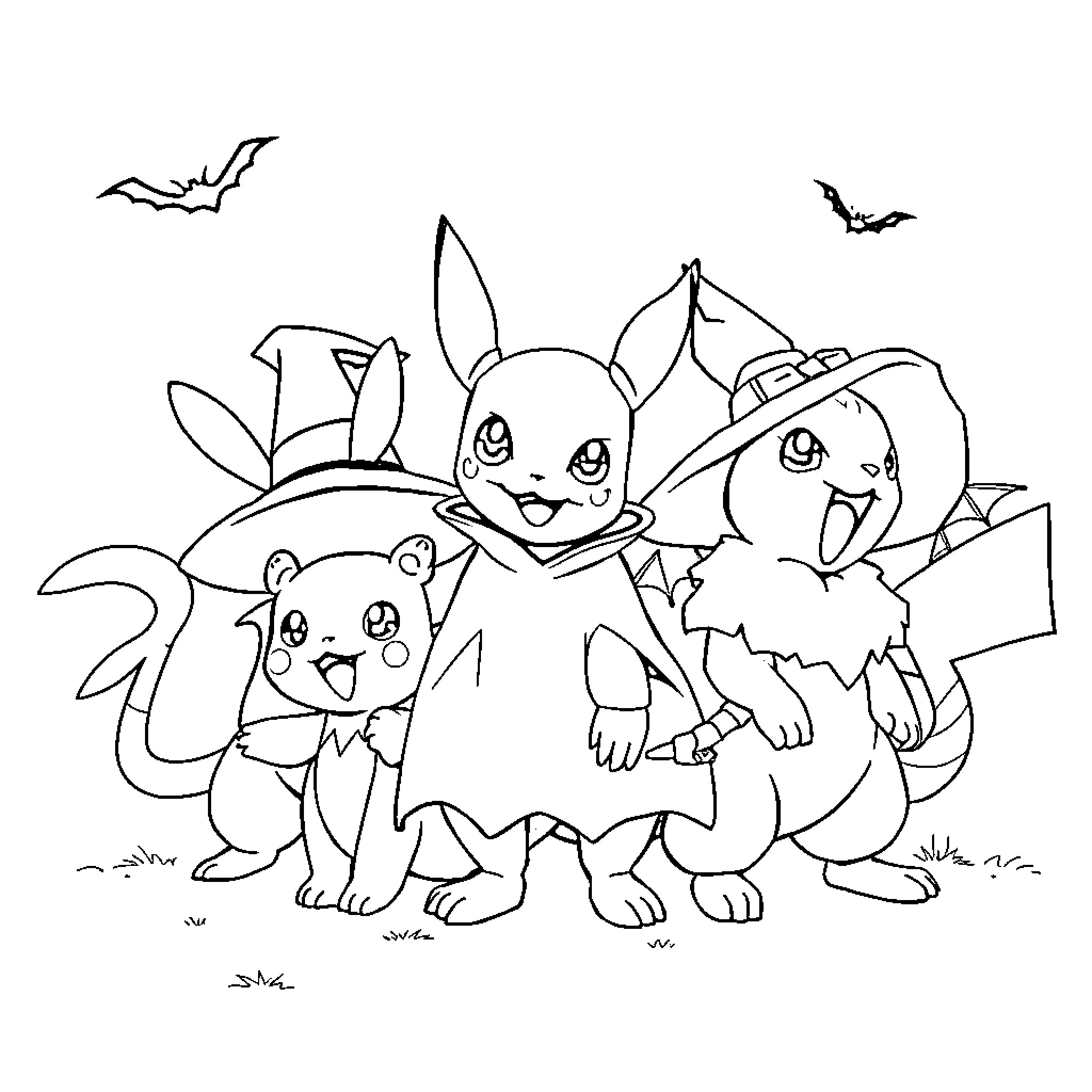Pokémon friends enjoying a Halloween celebration Coloring Page (free black-and-white line drawing printable PDF for all, from beginners to advanced learners, including children, teens, adults, and seniors)