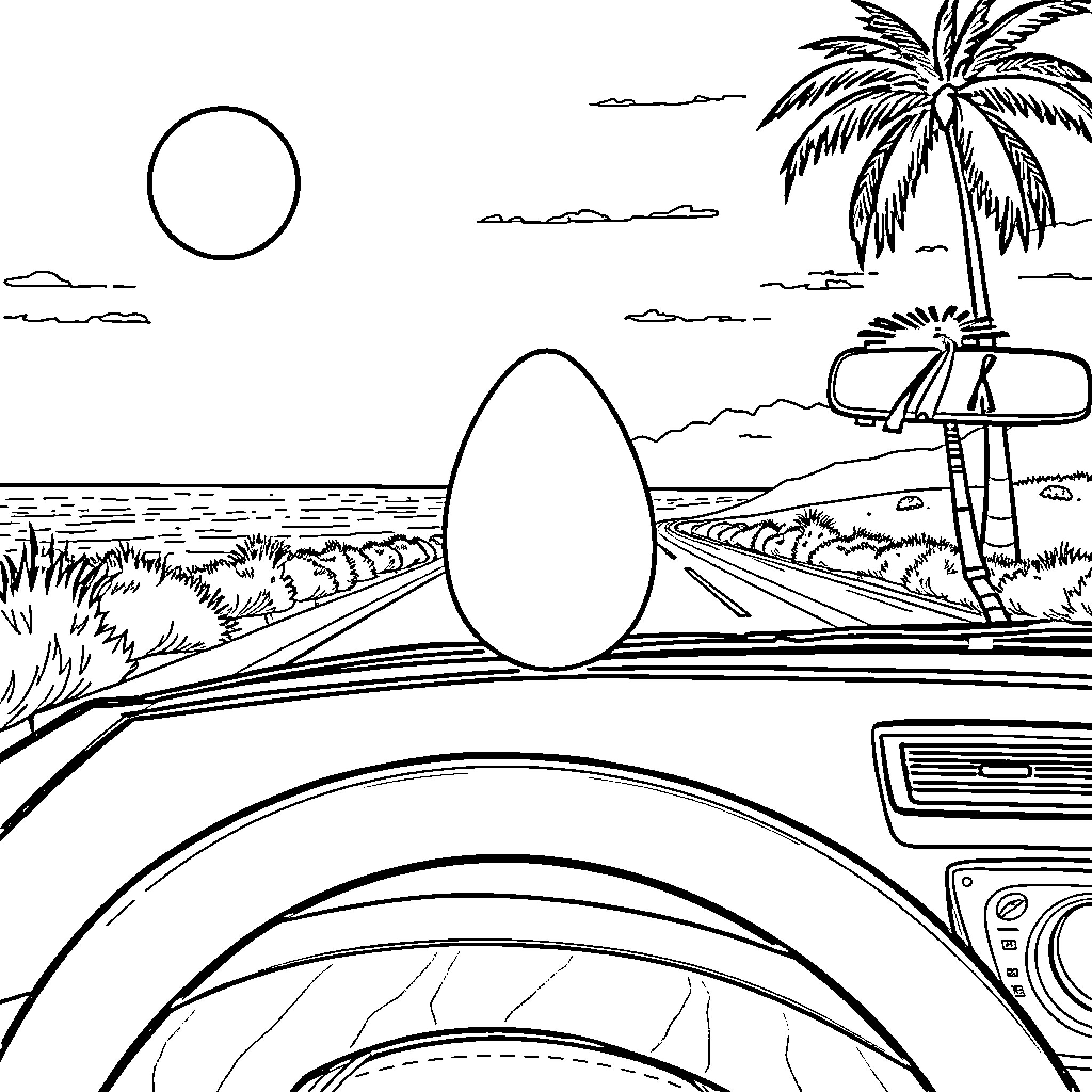 Egg-Shaped Vehicle Speeding Down a Tropical Road Coloring Page (free black-and-white line drawing printable PDF for all, from beginners to advanced learners, including children, teens, adults, and seniors)