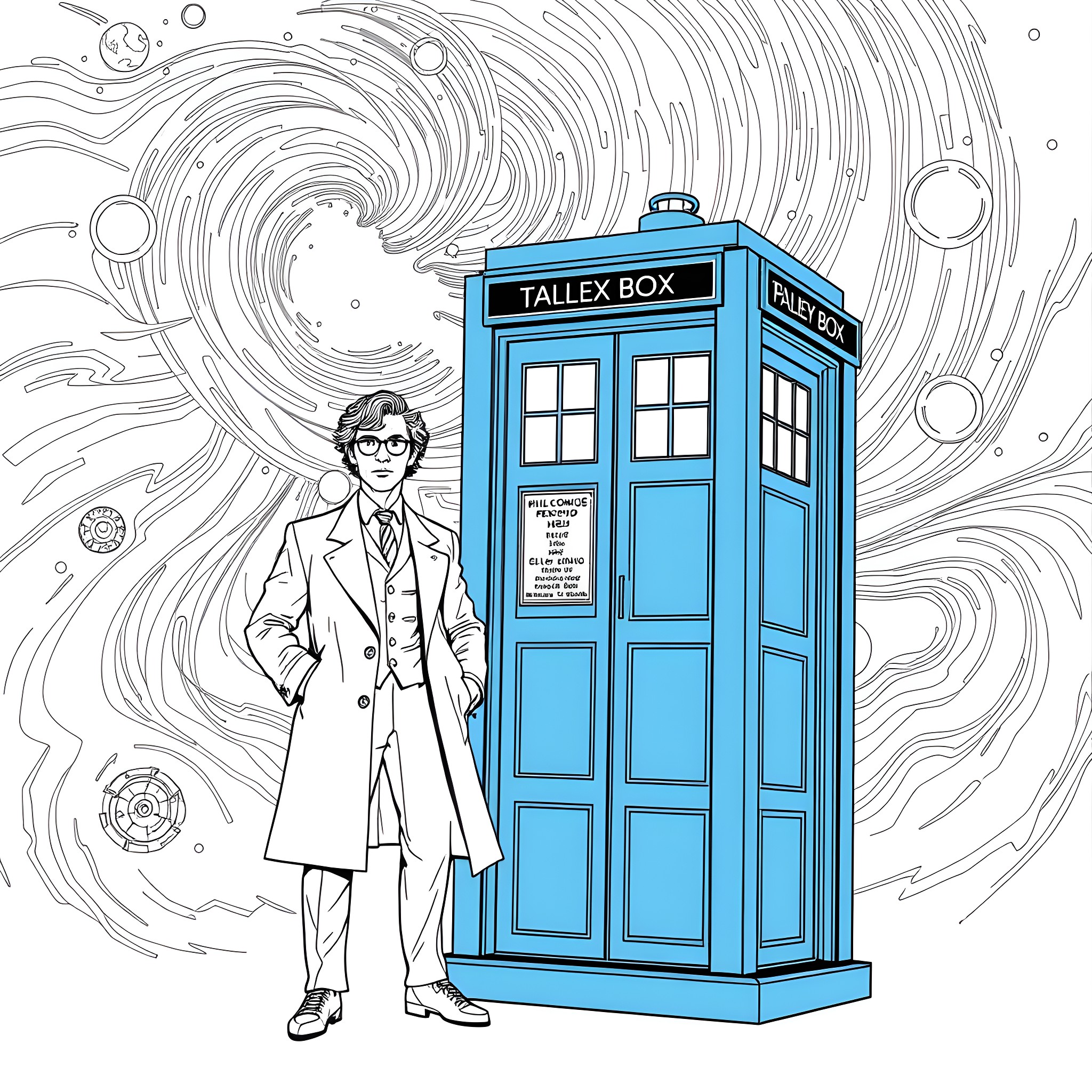 Doctor in Tardis exploring the cosmos Coloring Page (free black-and-white line drawing printable PDF for all, from beginners to advanced learners, including children, teens, adults, and seniors)