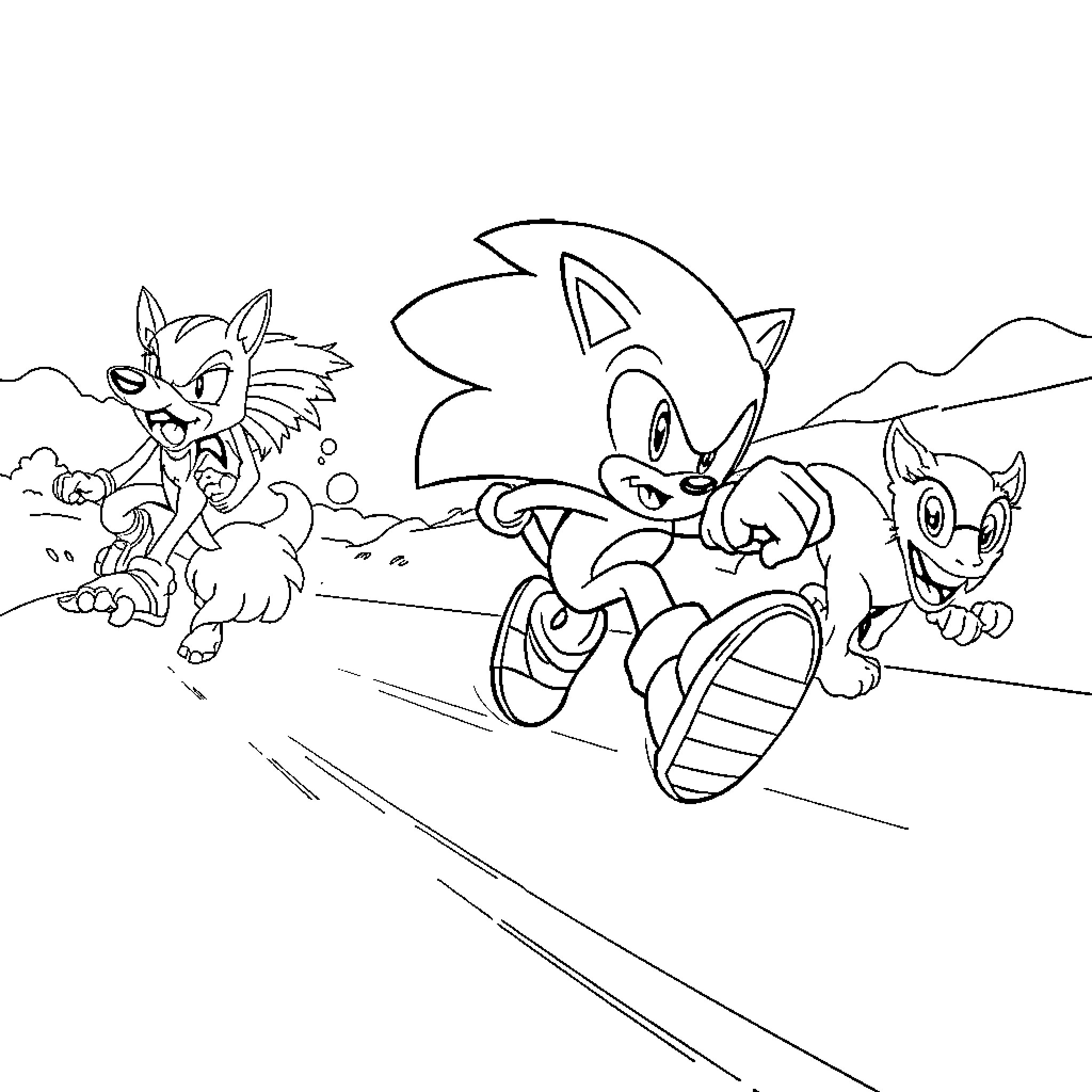 Sonic and Friends in an Adventurous Landscape Coloring Page (free black-and-white line drawing printable PDF for all, from beginners to advanced learners, including children, teens, adults, and seniors)