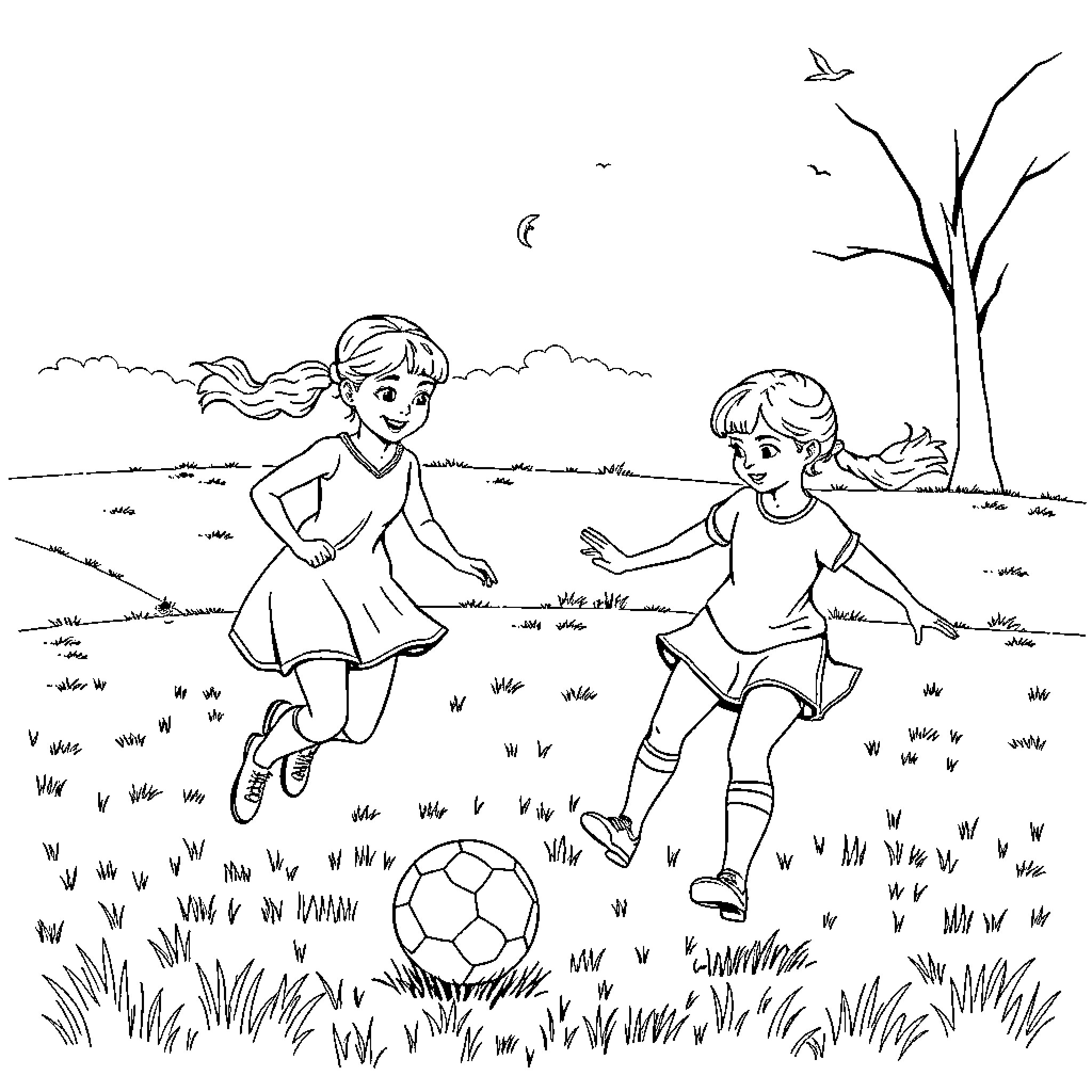 Anna Elsa playing soccer in a grassy field Coloring Page (free black-and-white line drawing printable PDF for all, from beginners to advanced learners, including children, teens, adults, and seniors)