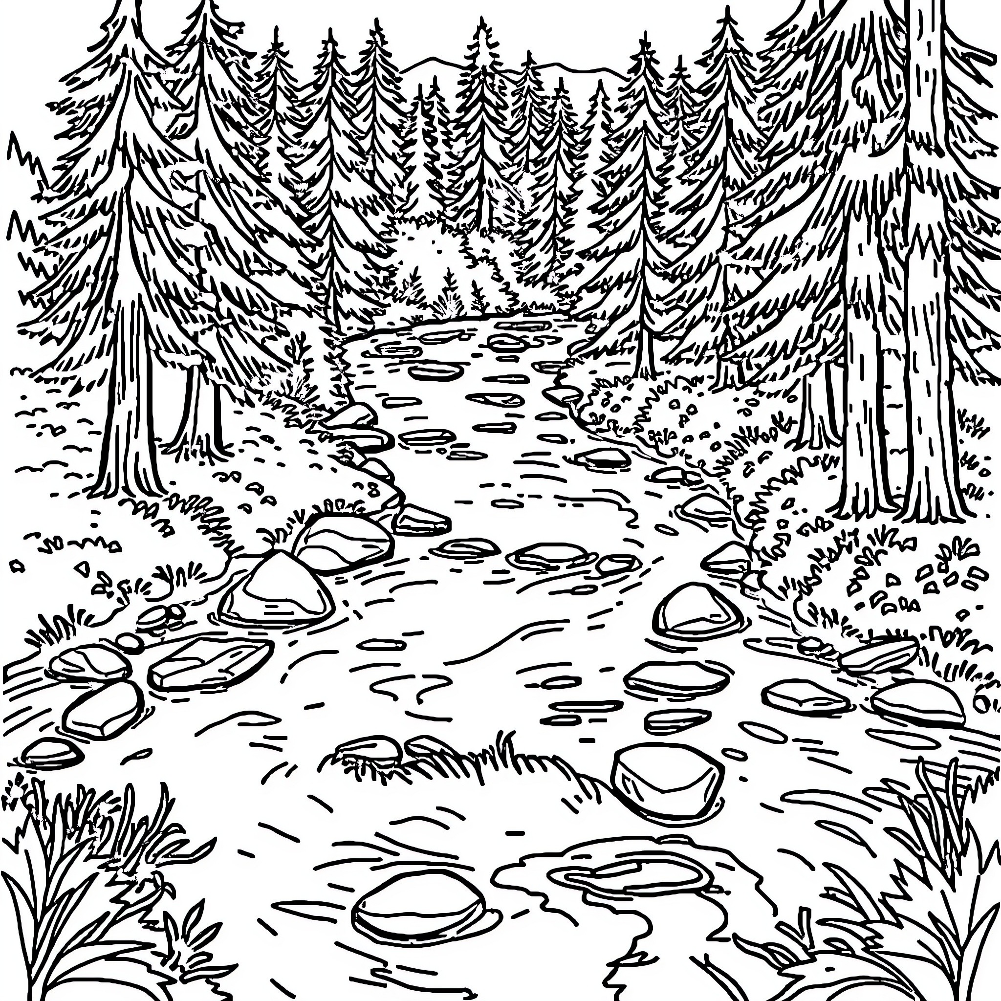 Creek in the Serene Forest Coloring Page (free black-and-white line drawing printable PDF for all, from beginners to advanced learners, including children, teens, adults, and seniors)