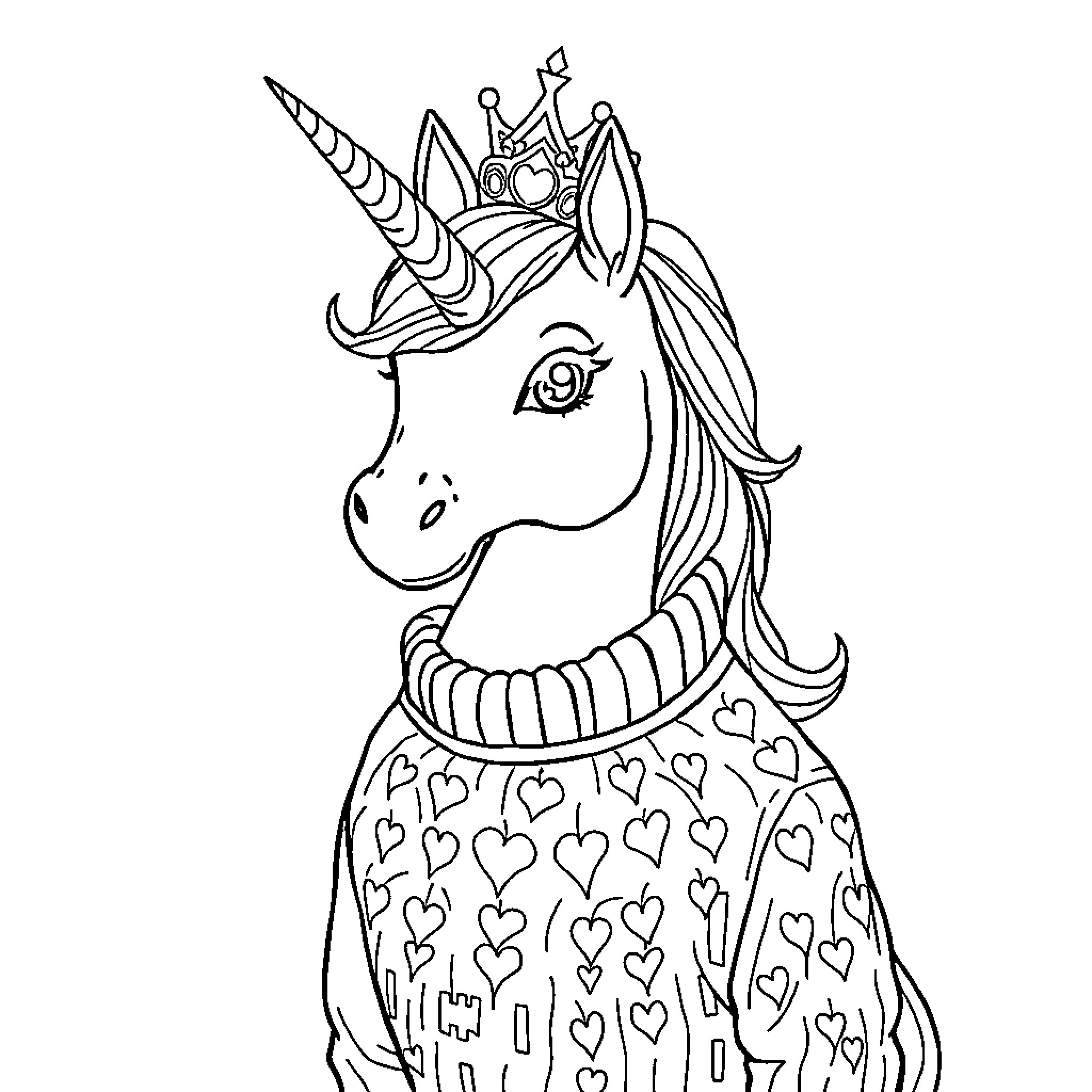 Unicorn princess in fanciful attire Coloring Page (free black-and-white line drawing printable PDF for all, from beginners to advanced learners, including children, teens, adults, and seniors)