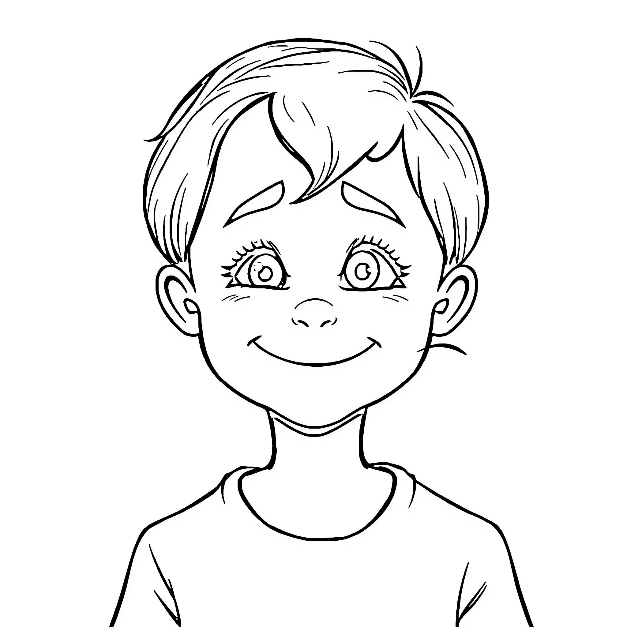 Kid with happy expression and messy hair Coloring Page (free black-and-white line drawing printable PDF for all, from beginners to advanced learners, including children, teens, adults, and seniors)