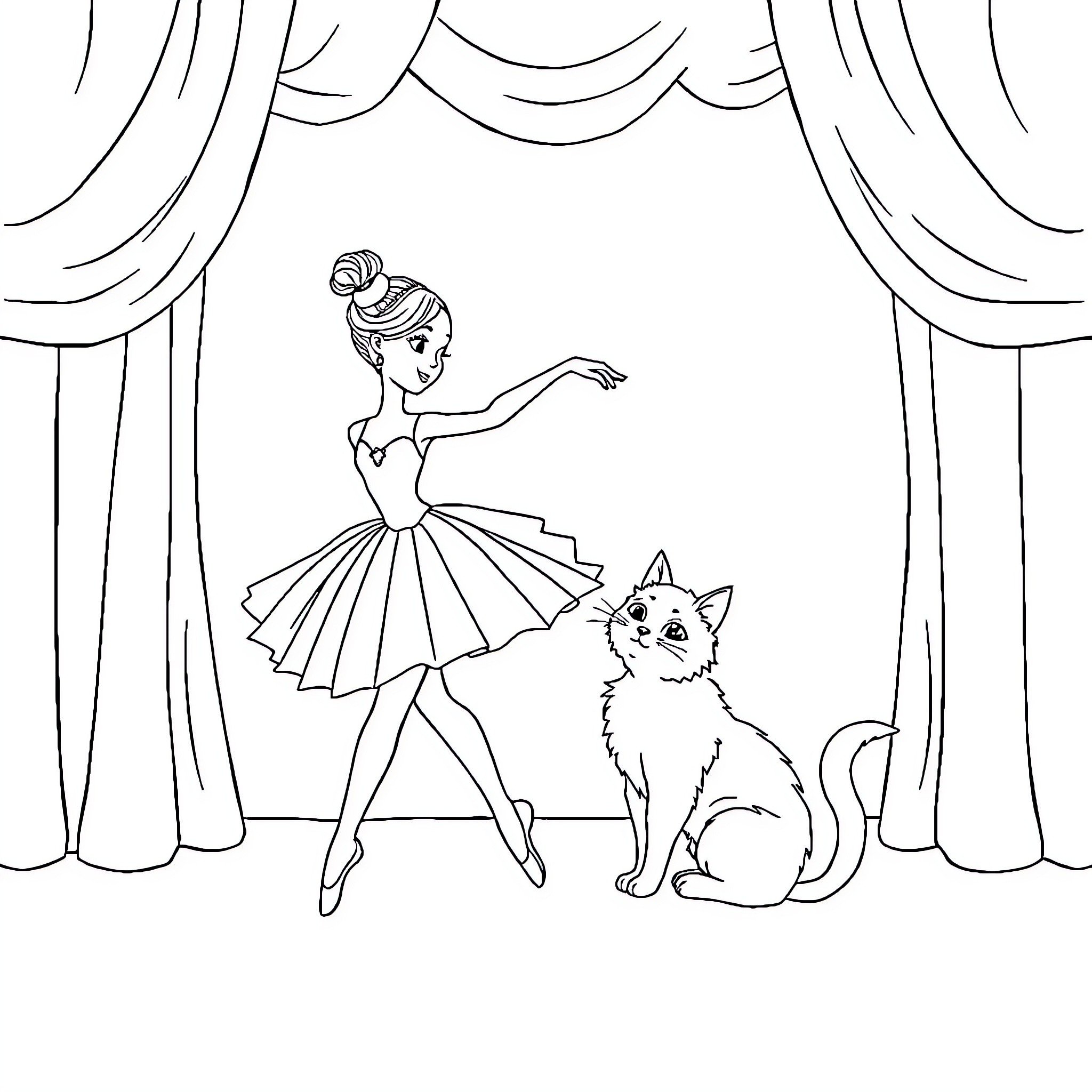 Ballerina Gracefully Performing on Stage with Cat Coloring Page (free black-and-white line drawing printable PDF for all, from beginners to advanced learners, including children, teens, adults, and seniors)