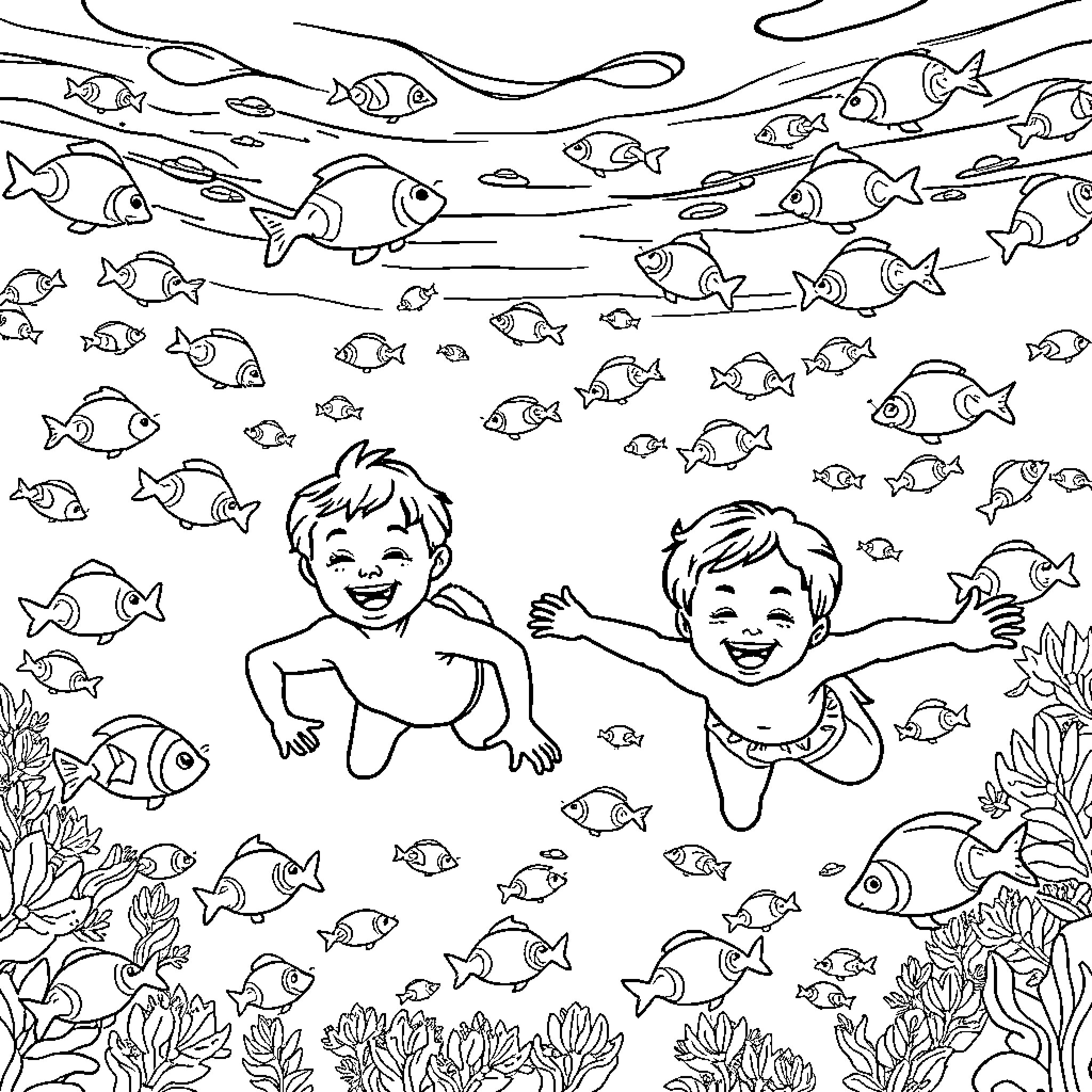 Kids Exploring Underwater Wonderland Coloring Page (free black-and-white line drawing printable PDF for all, from beginners to advanced learners, including children, teens, adults, and seniors)