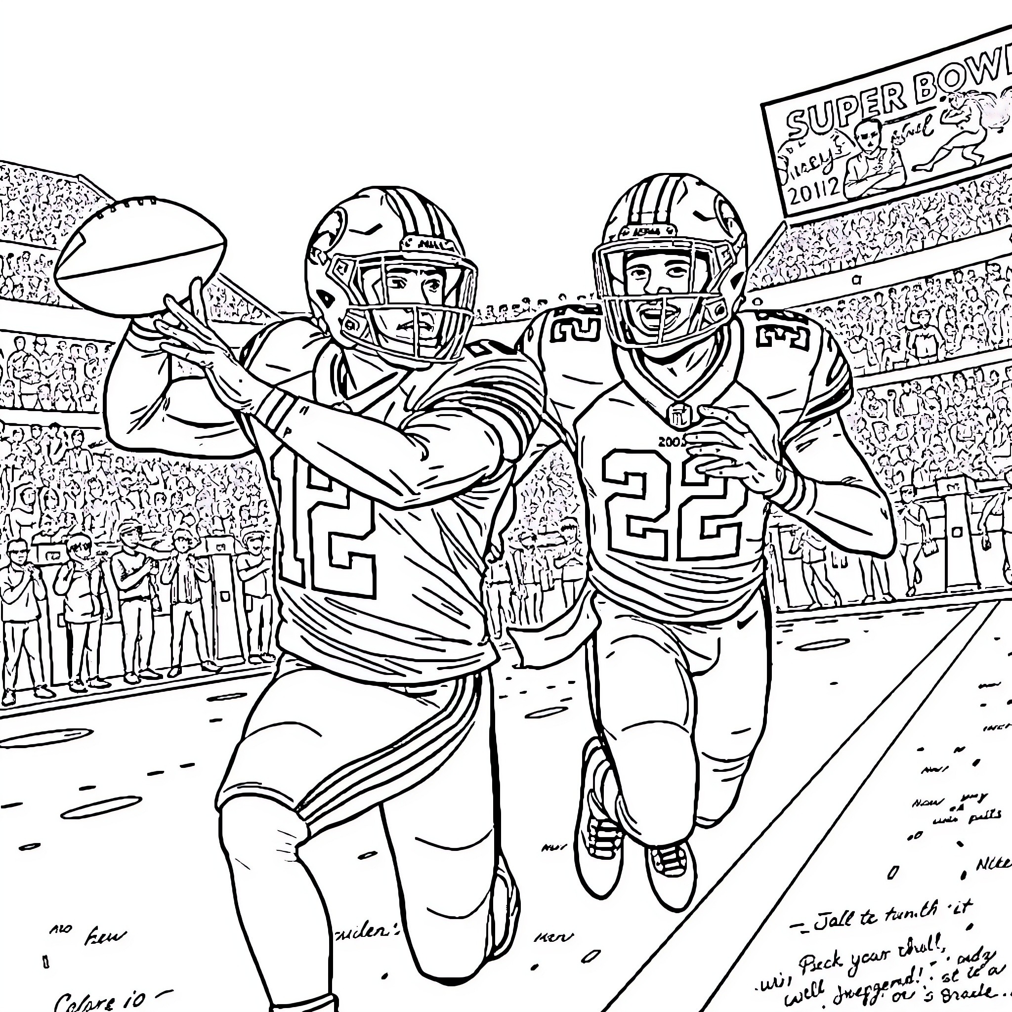 Jalen Hurts Leading Offense on the Football Field Coloring Page (free black-and-white line drawing printable PDF for all, from beginners to advanced learners, including children, teens, adults, and seniors)