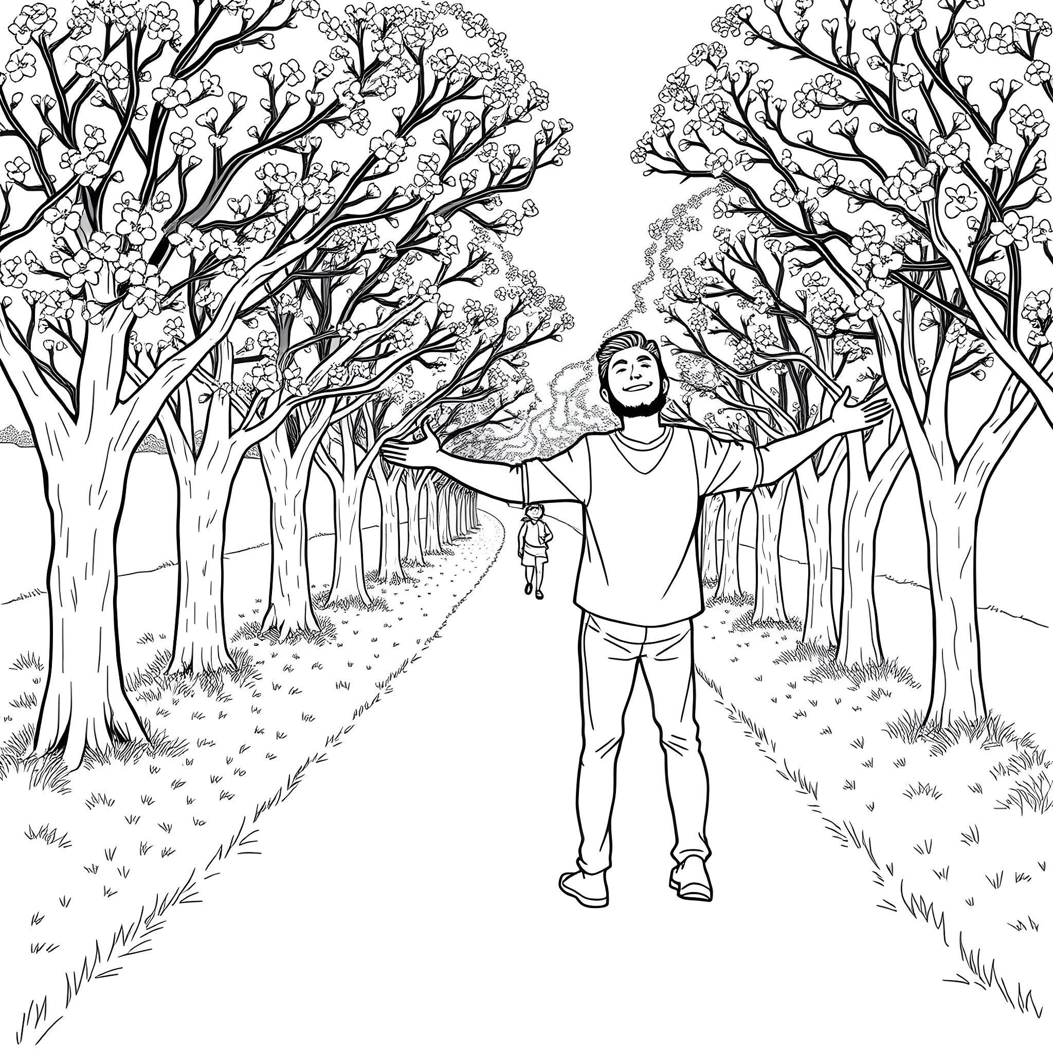 Matthew enjoying a tranquil stroll through the woods Coloring Page (free black-and-white line drawing printable PDF for all, from beginners to advanced learners, including children, teens, adults, and seniors)