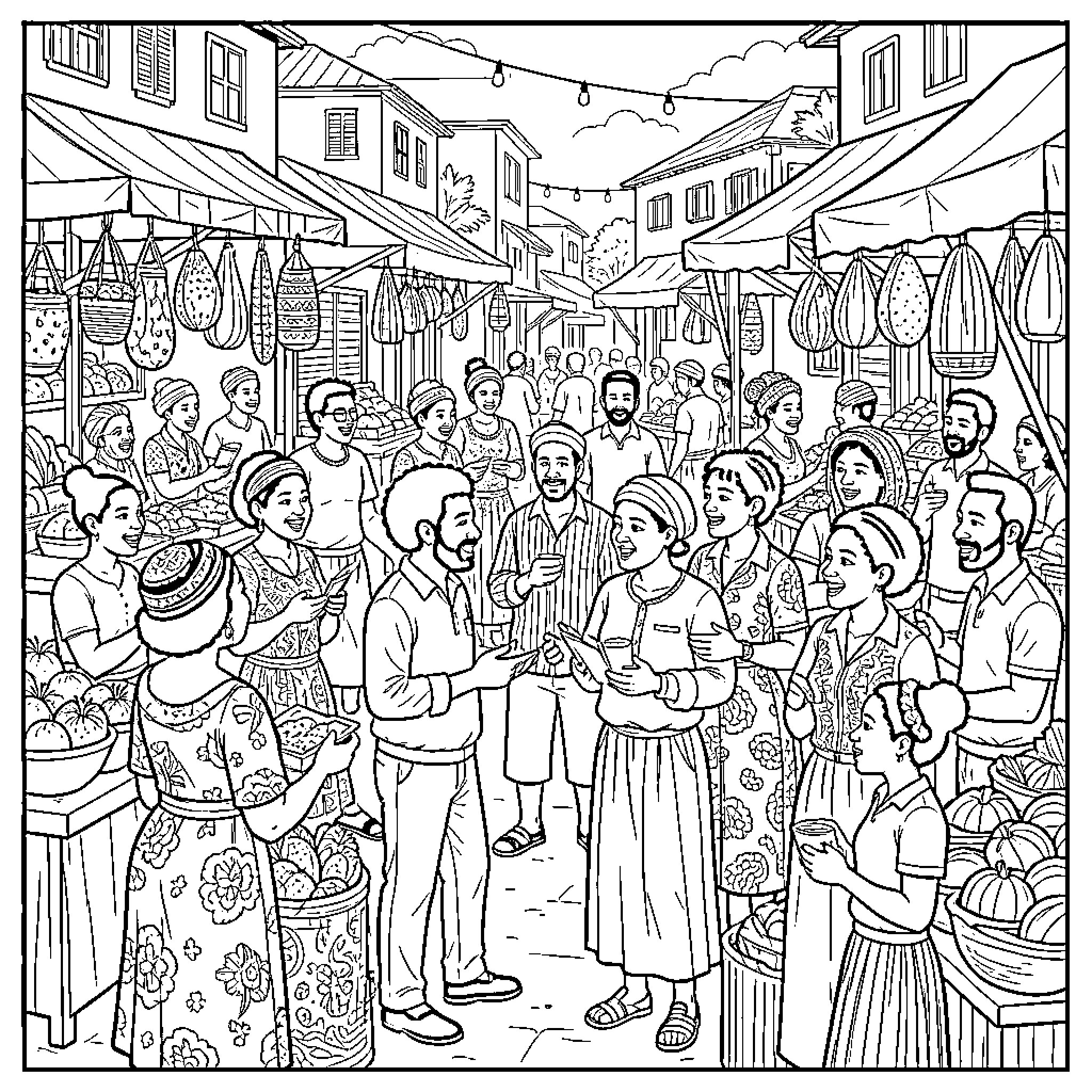 Haitian People interacting at a busy outdoor market Coloring Page (free black-and-white line drawing printable PDF for all, from beginners to advanced learners, including children, teens, adults, and seniors)