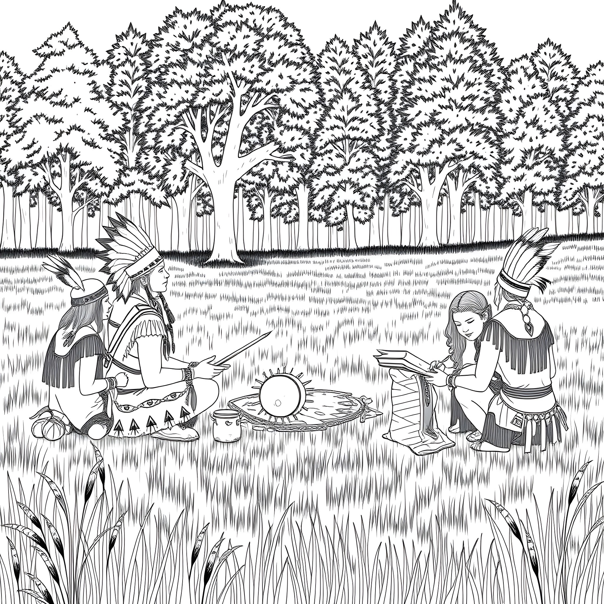 Warrior Tribe Gathering in the Enchanted Forest Coloring Page (free black-and-white line drawing printable PDF for all, from beginners to advanced learners, including children, teens, adults, and seniors)
