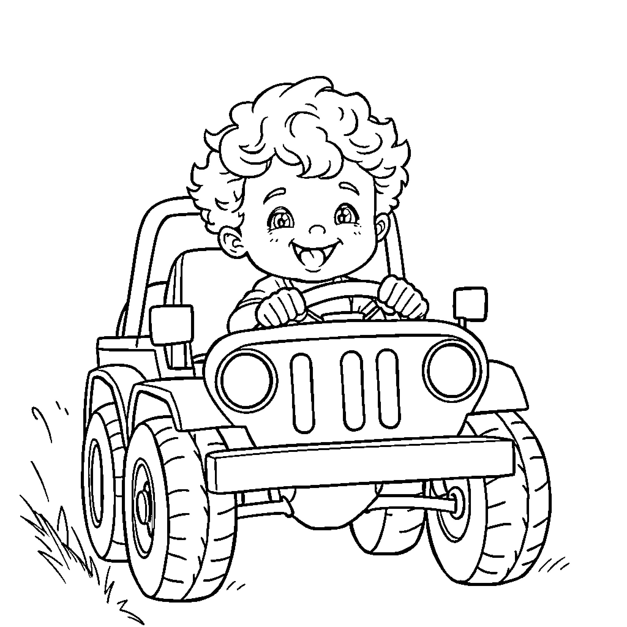 Boy driving a toy jeep with enthusiasm Coloring Page (free black-and-white line drawing printable PDF for all, from beginners to advanced learners, including children, teens, adults, and seniors)