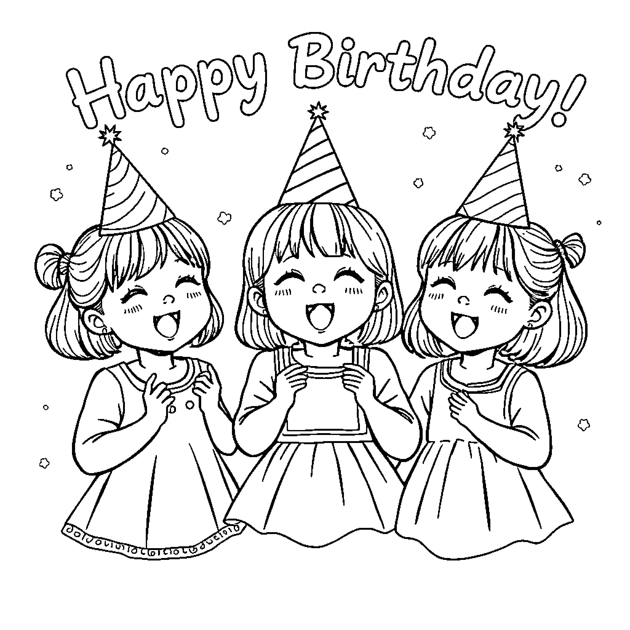 Girls celebrating a happy birthday together Coloring Page (free black-and-white line drawing printable PDF for all, from beginners to advanced learners, including children, teens, adults, and seniors)