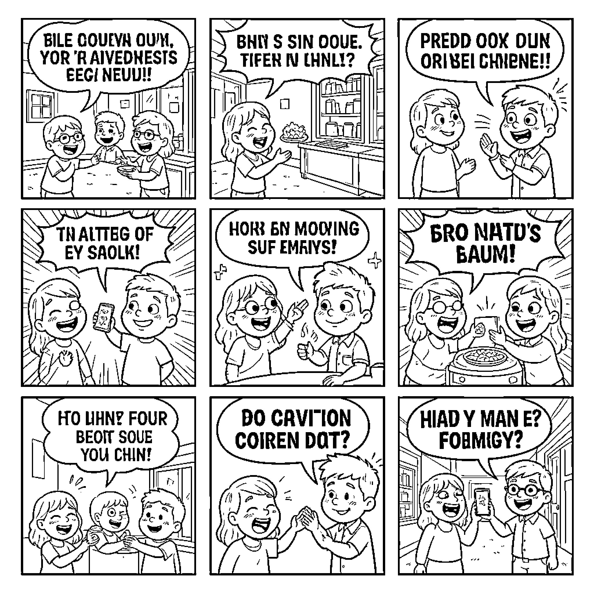 Advertisement of children talking and laughing in comic panels Coloring Page (free black-and-white line drawing printable PDF for all, from beginners to advanced learners, including children, teens, adults, and seniors)