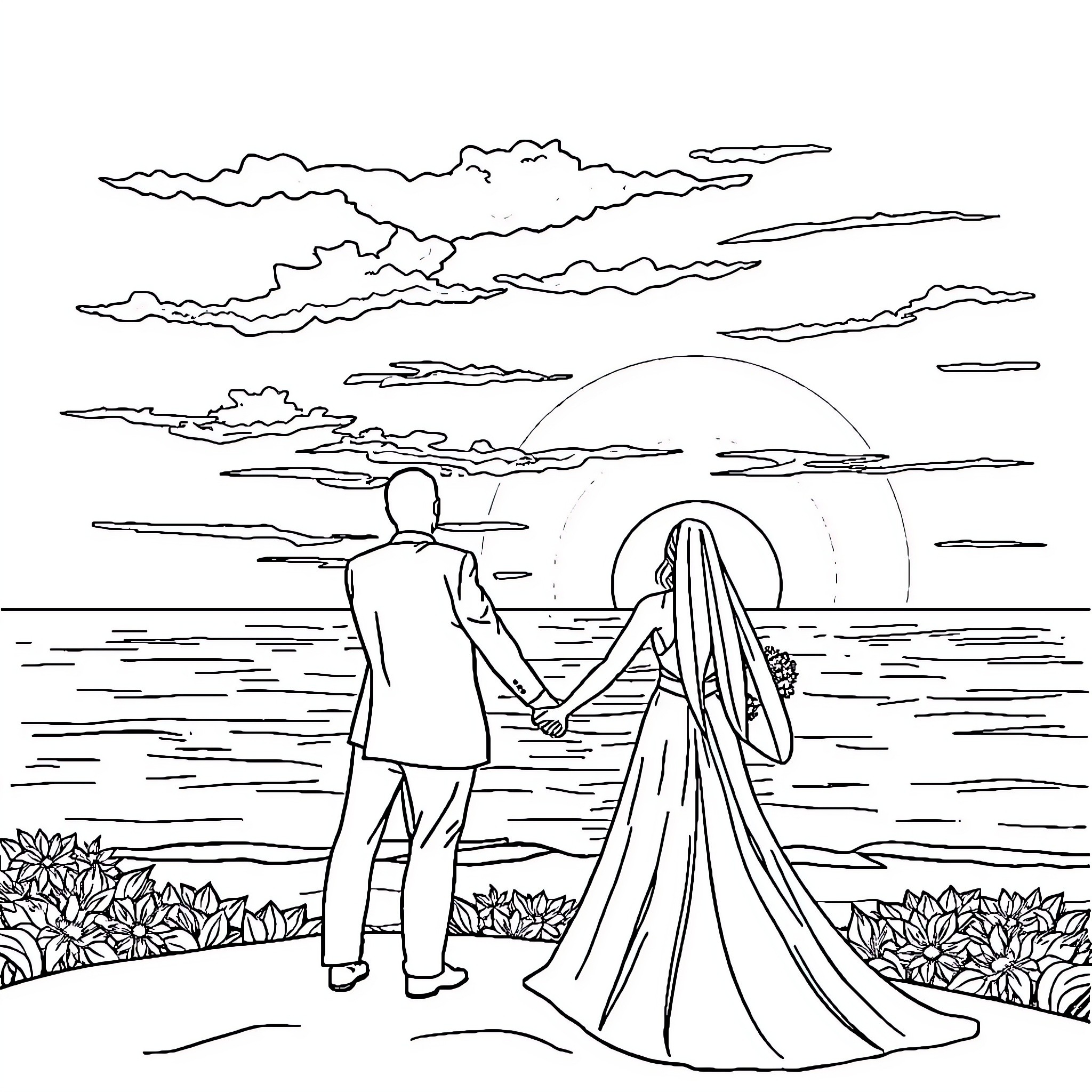 Bride and groom admiring the sunset on their wedding day Coloring Page (free black-and-white line drawing printable PDF for all, from beginners to advanced learners, including children, teens, adults, and seniors)
