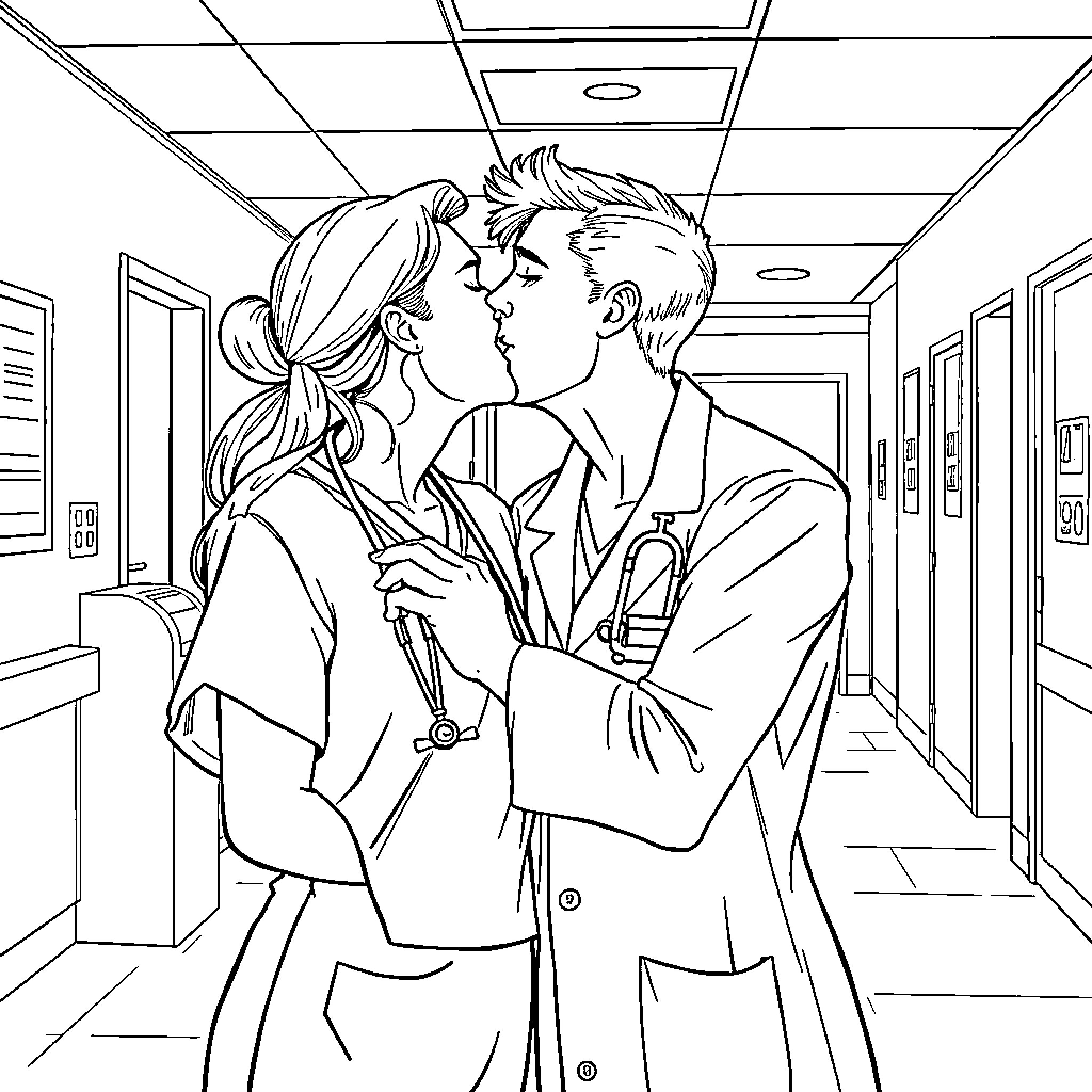 Doctor's romantic moment in the hospital hallway Coloring Page (free black-and-white line drawing printable PDF for all, from beginners to advanced learners, including children, teens, adults, and seniors)