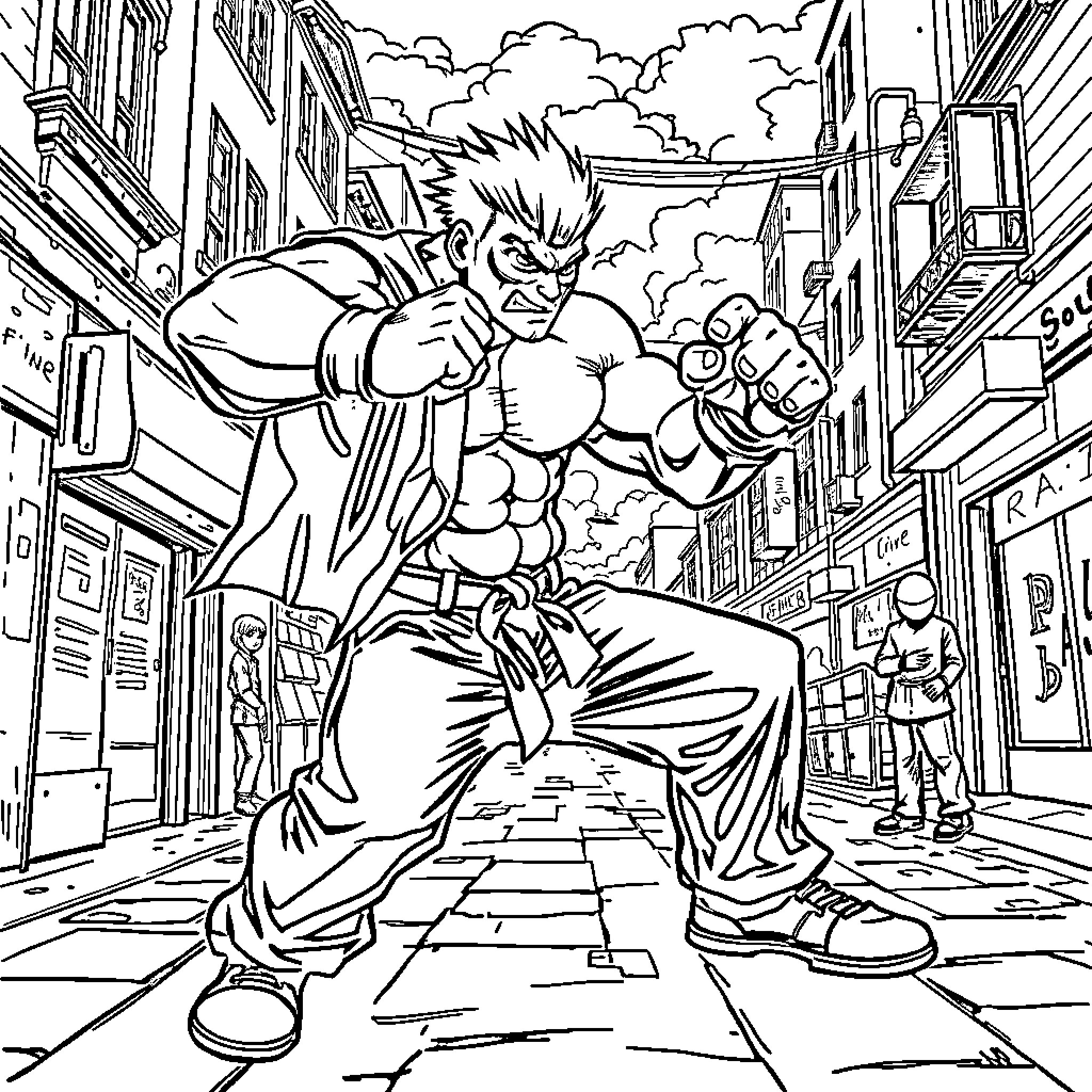 Street Fighter in an Intense Battle on the City Street Coloring Page (free black-and-white line drawing printable PDF for all, from beginners to advanced learners, including children, teens, adults, and seniors)