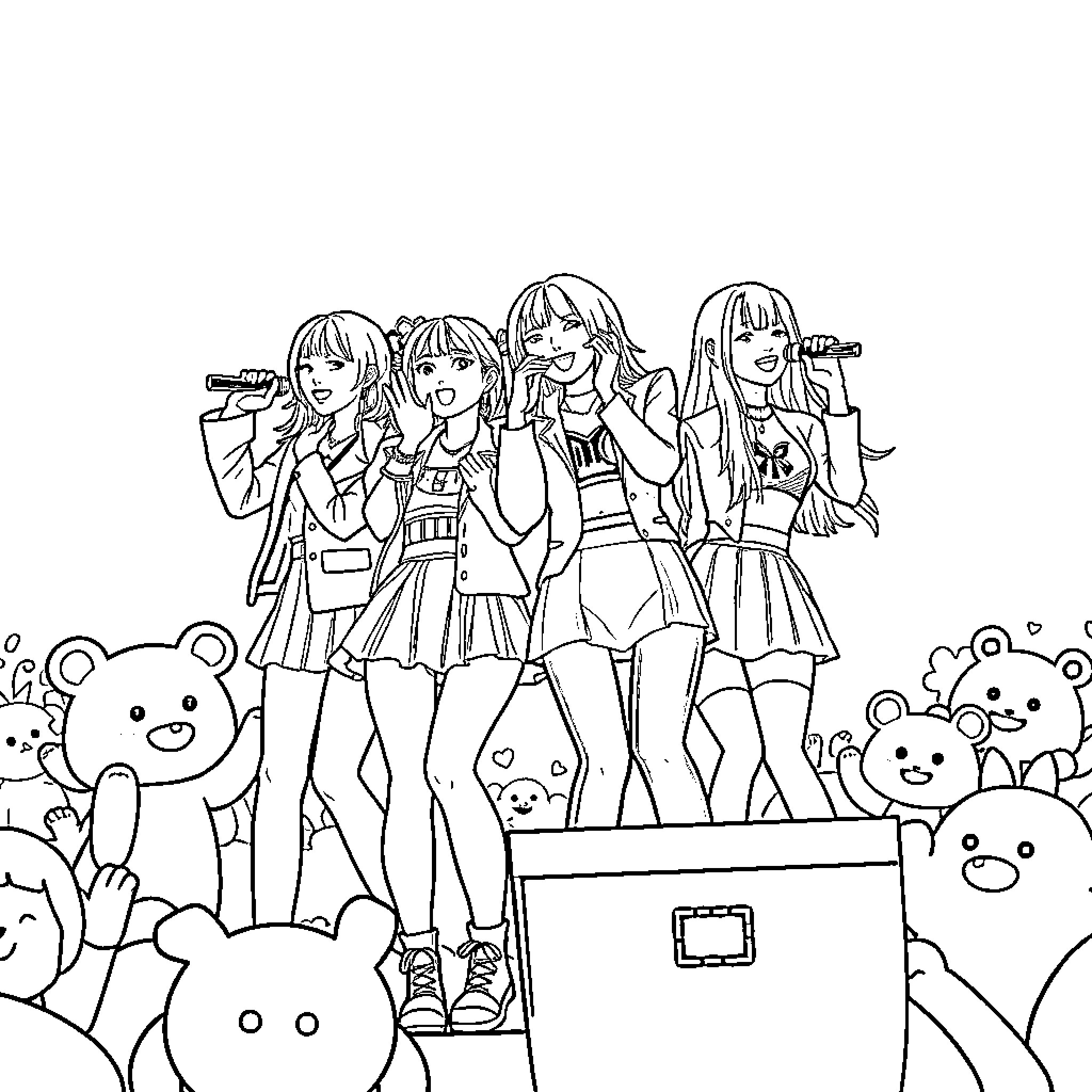 Blackpink Members Performing on Stage with Cute Plush Toys Coloring Page (free black-and-white line drawing printable PDF for all, from beginners to advanced learners, including children, teens, adults, and seniors)