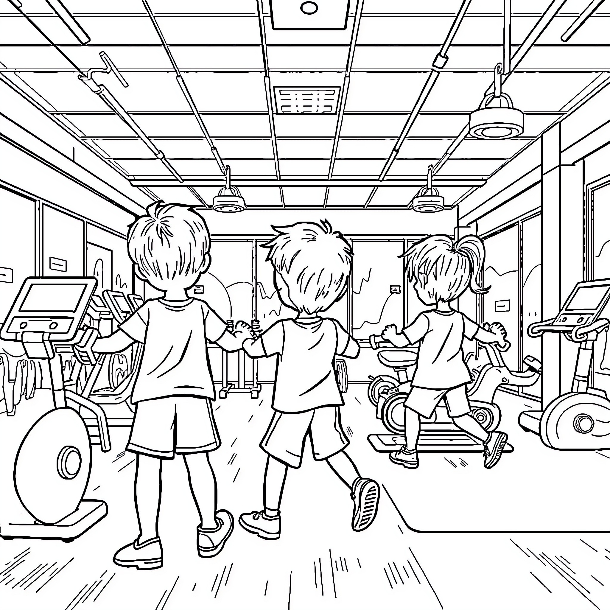 Kids exploring an exercise equipment room Coloring Page (free black-and-white line drawing printable PDF for all, from beginners to advanced learners, including children, teens, adults, and seniors)