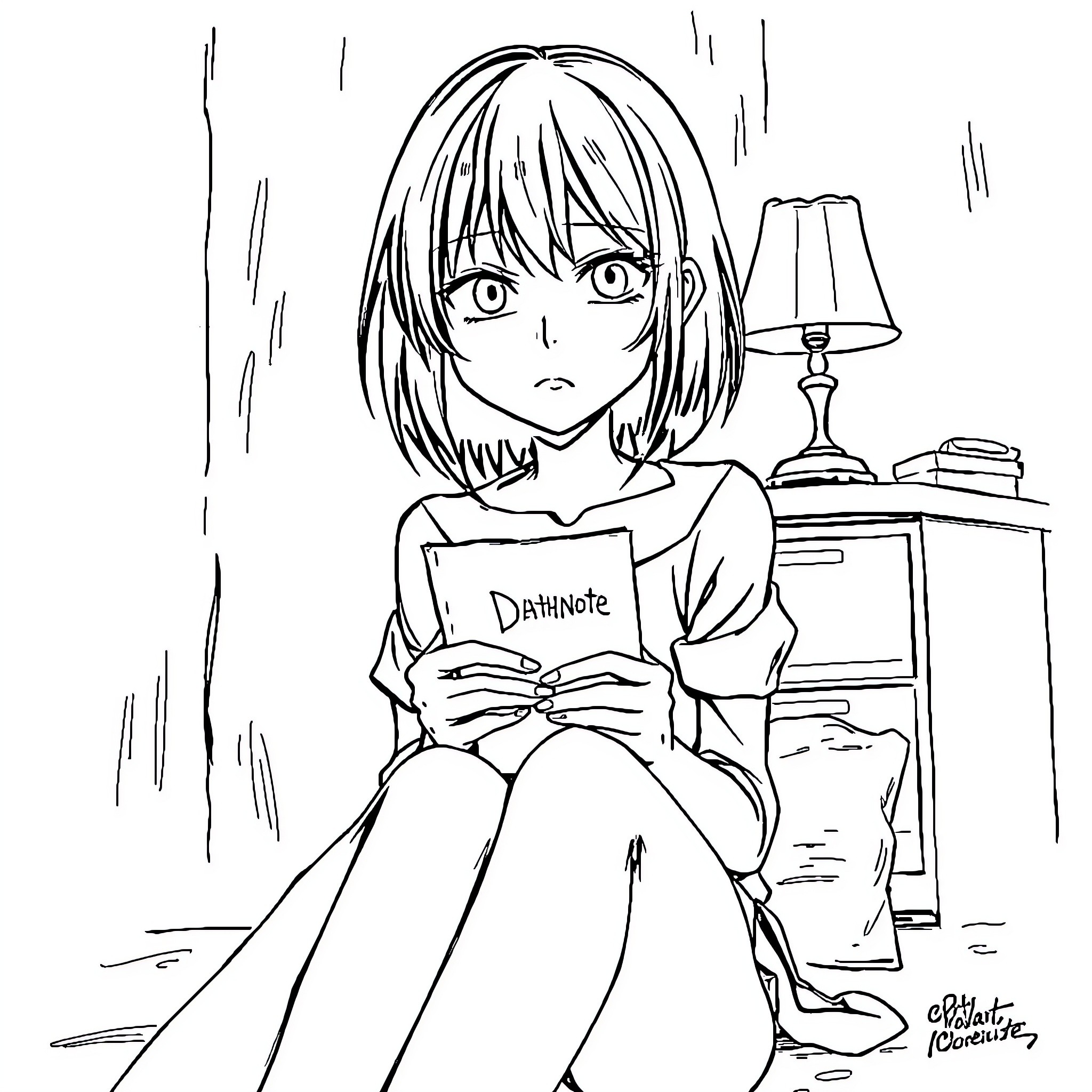 Kirsty reading a notebook in a cozy room Coloring Page (free black-and-white line drawing printable PDF for all, from beginners to advanced learners, including children, teens, adults, and seniors)