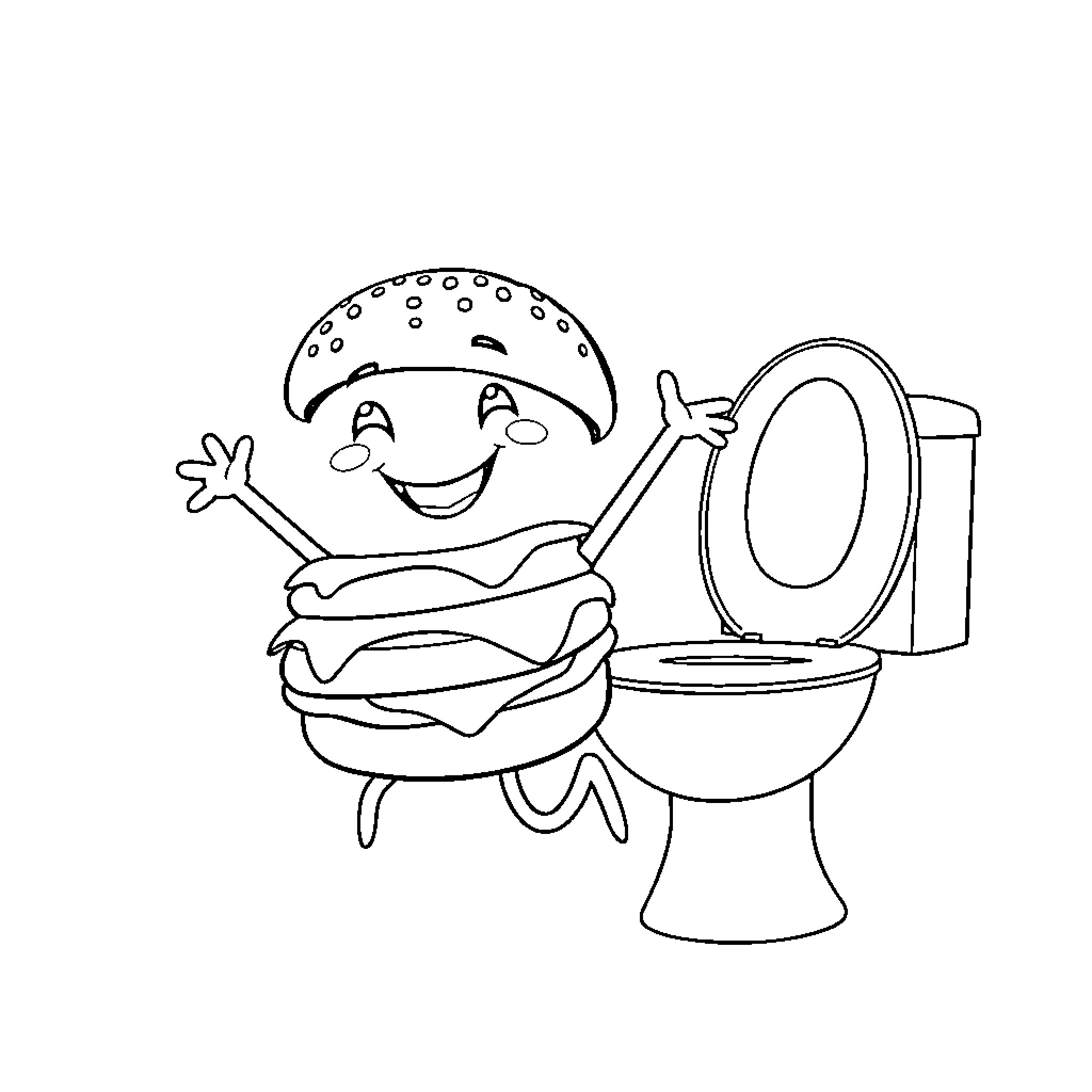 Cheeseburger happily sitting on toilet Coloring Page (free black-and-white line drawing printable PDF for all, from beginners to advanced learners, including children, teens, adults, and seniors)
