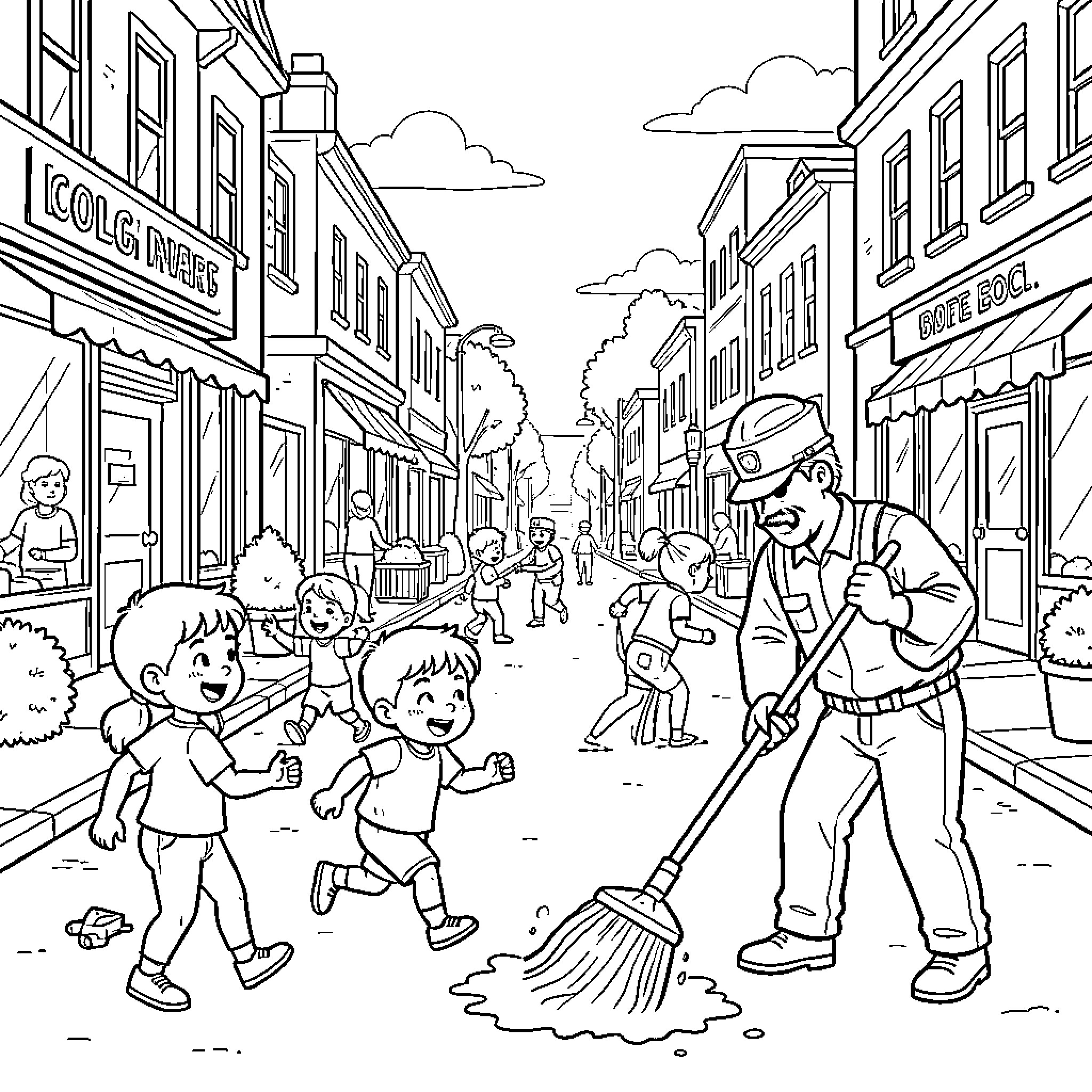 Child playing and running near a street sweeper Coloring Page (free black-and-white line drawing printable PDF for all, from beginners to advanced learners, including children, teens, adults, and seniors)