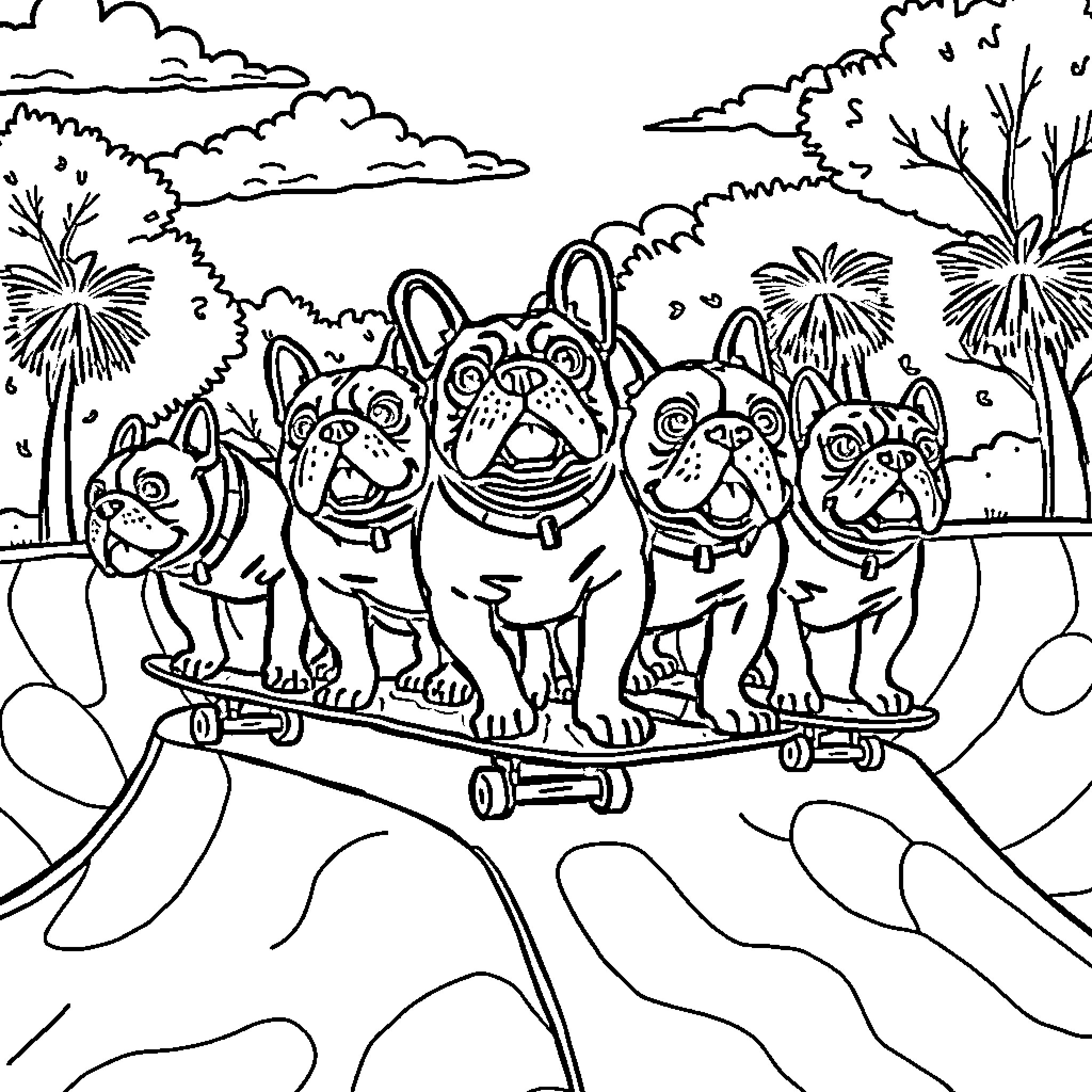 Bulldog friends enjoying a ride on a skateboard Coloring Page (free black-and-white line drawing printable PDF for all, from beginners to advanced learners, including children, teens, adults, and seniors)
